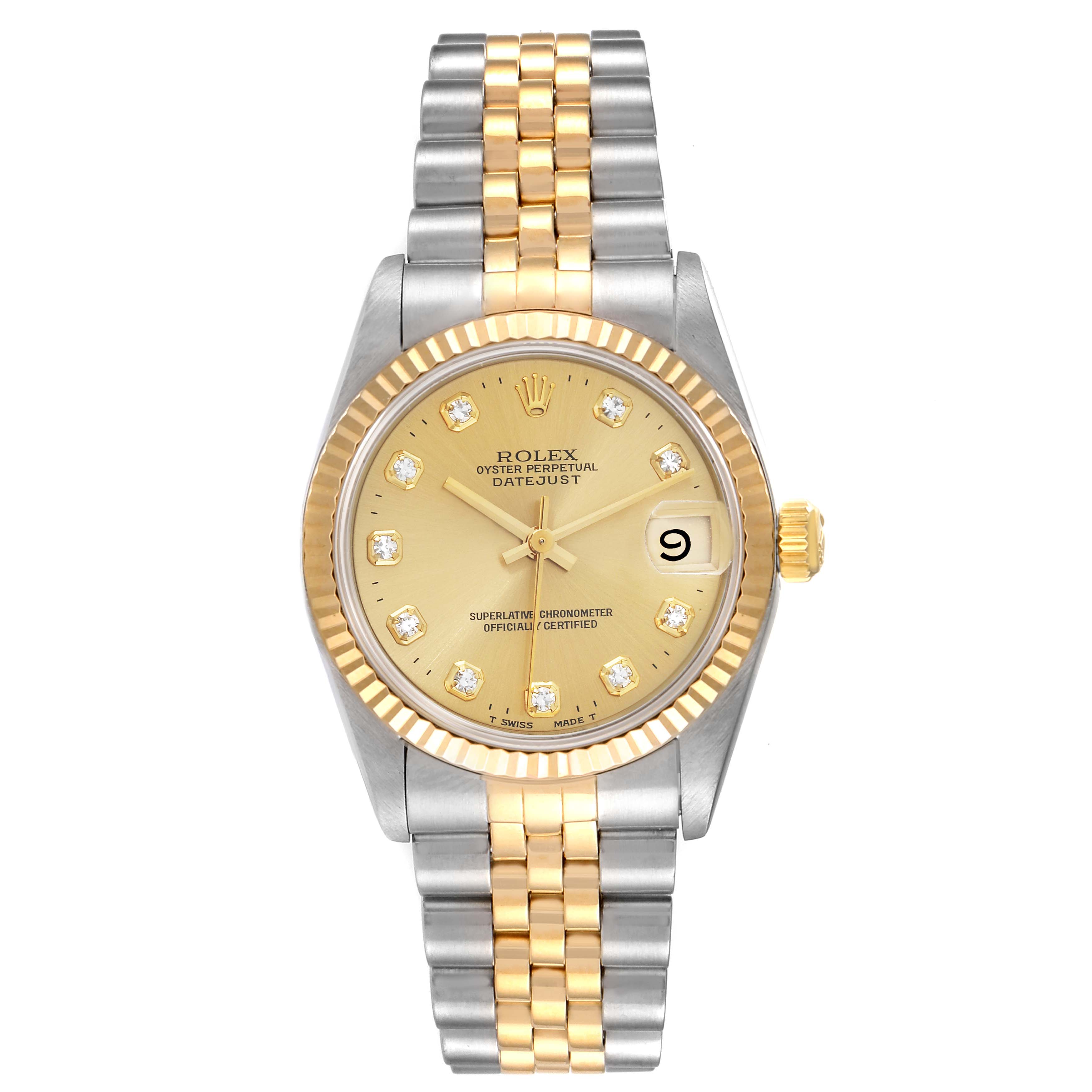 This is a front view of the Rolex Datejust Mid-Size watch, showcasing its face, bezel, crown, and two-tone bracelet.