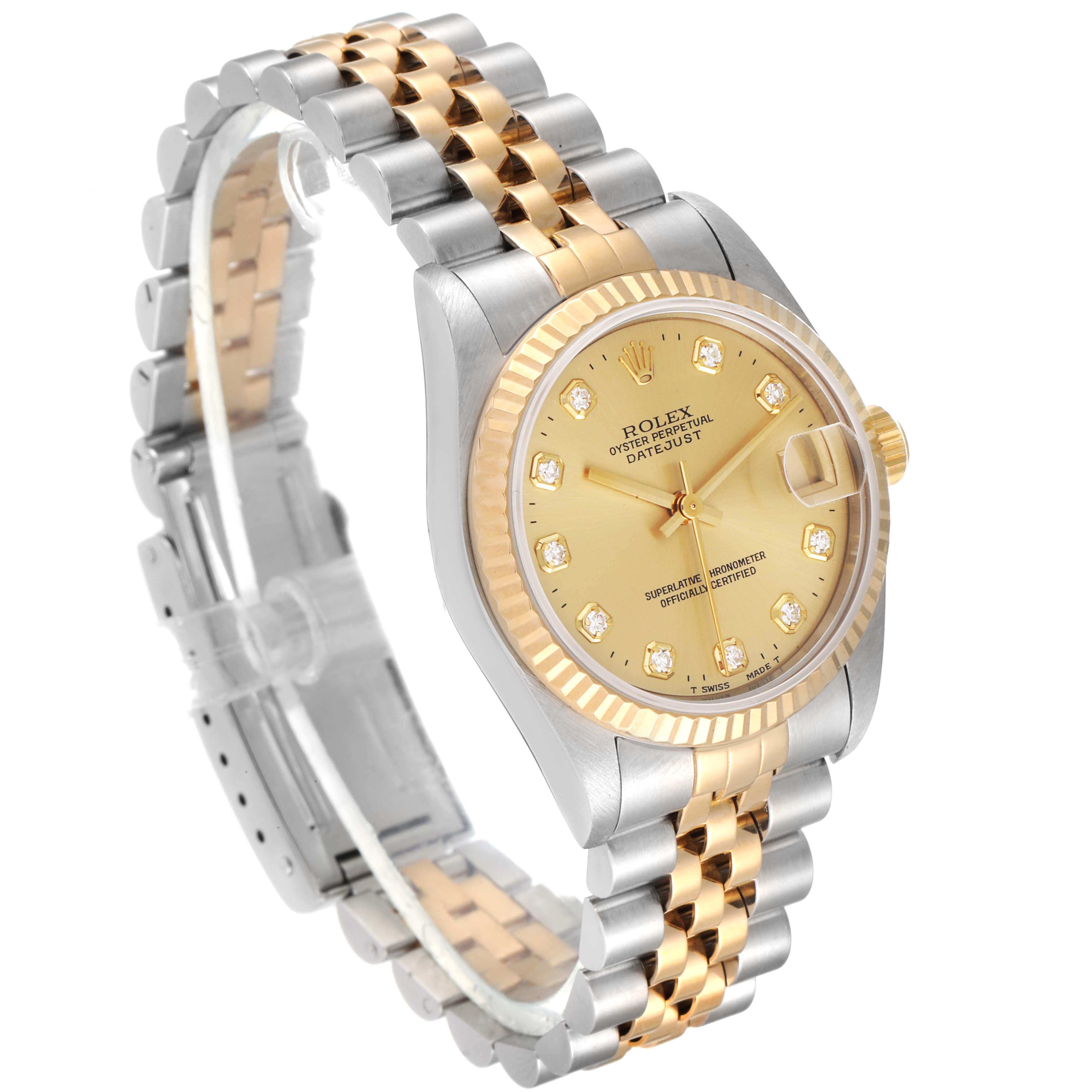 This Rolex Mid-Size 68273 Women
s Steel and Gold (two tone) Champagne Dial 68273 Women
s Steel and Gold (two tone) Champagne Dial watch is shown at a three-quarter angle, displaying its gold and silver bracelet, gold bezel, and champagne dial.