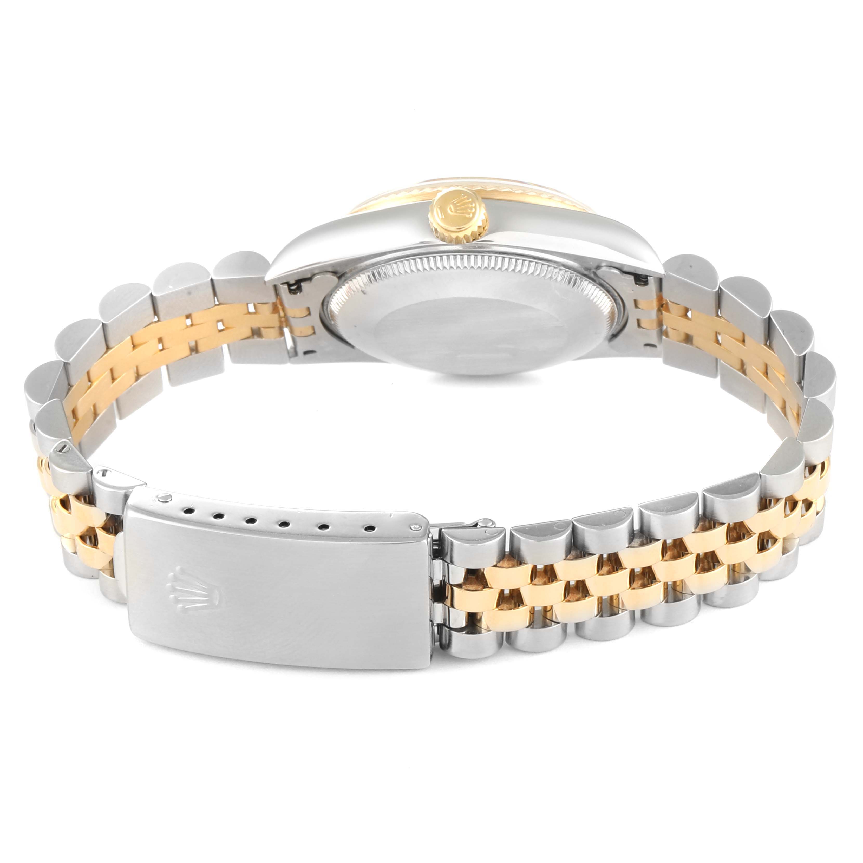 This image shows the back and bracelet of a Mid-Size Rolex watch, featuring a two-tone metal design.
