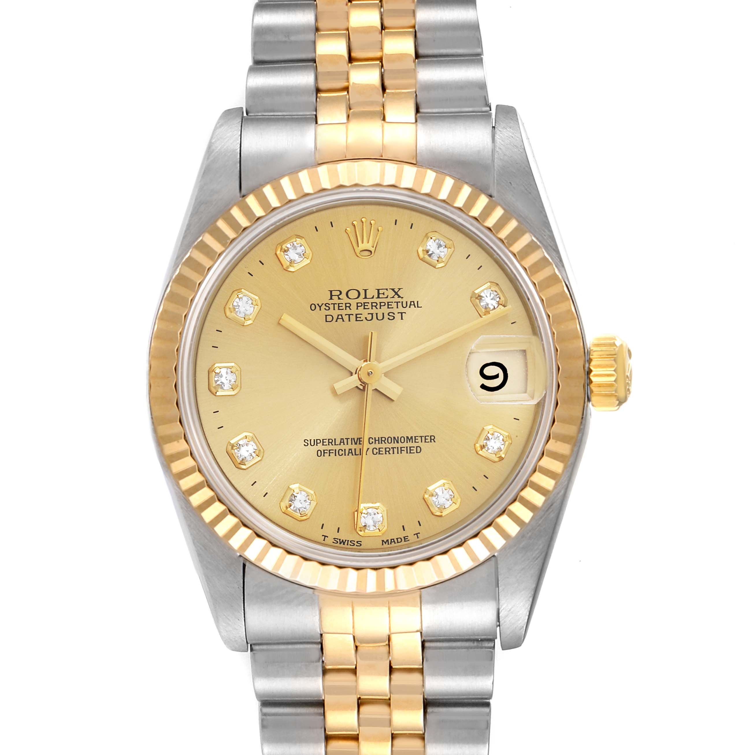 This image shows a front view of a Rolex Mid-Size 68273 Women
s Steel and Gold (two tone) Champagne Dial 68273 Women
s Steel and Gold (two tone) Champagne Dial Datejust watch, highlighting the dial, bezel, and bracelet.