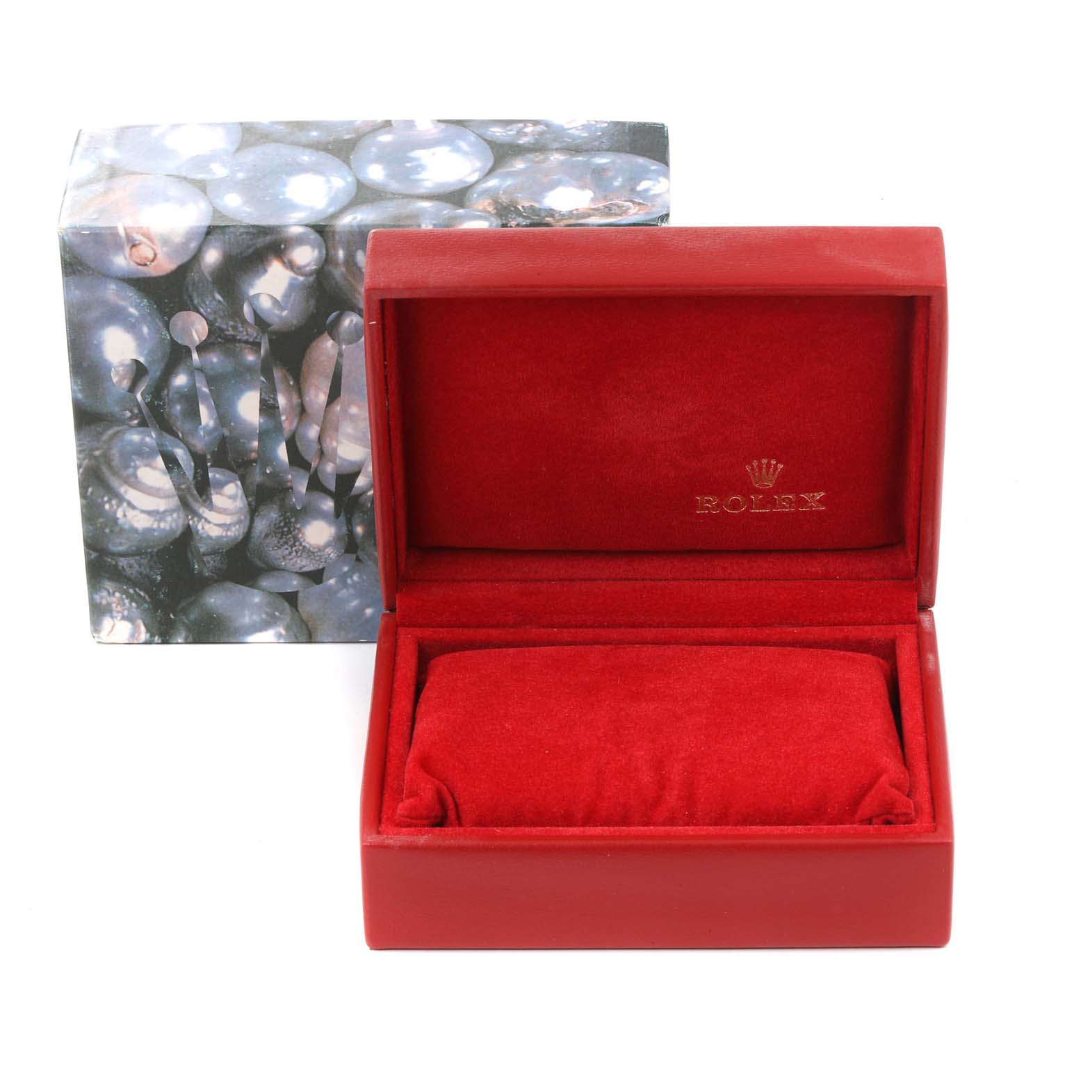 The image shows a Rolex Mid-Size 68273 Women
s Steel and Gold (two tone) Champagne Dial 68273 Women
s Steel and Gold (two tone) Champagne Dial watch box, with the red cushioned interior and outer decorative cardboard packaging.