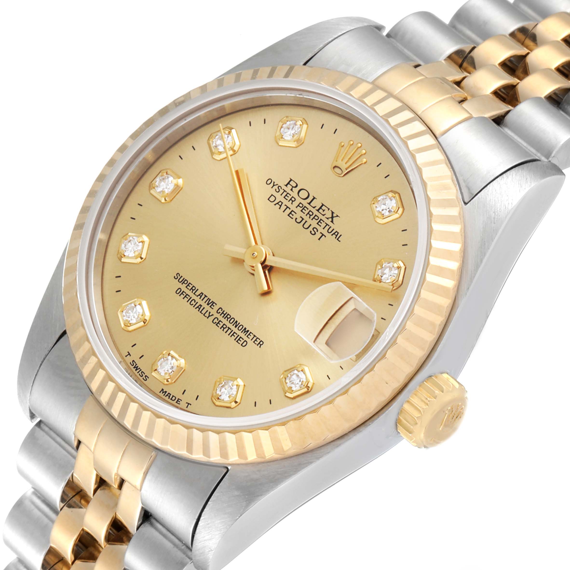 The image shows a Rolex Mid-Size 68273 Women
s Steel and Gold (two tone) Champagne Dial 68273 Women
s Steel and Gold (two tone) Champagne Dial Datejust watch at an angle, highlighting the face, bezel, and part of the bracelet.