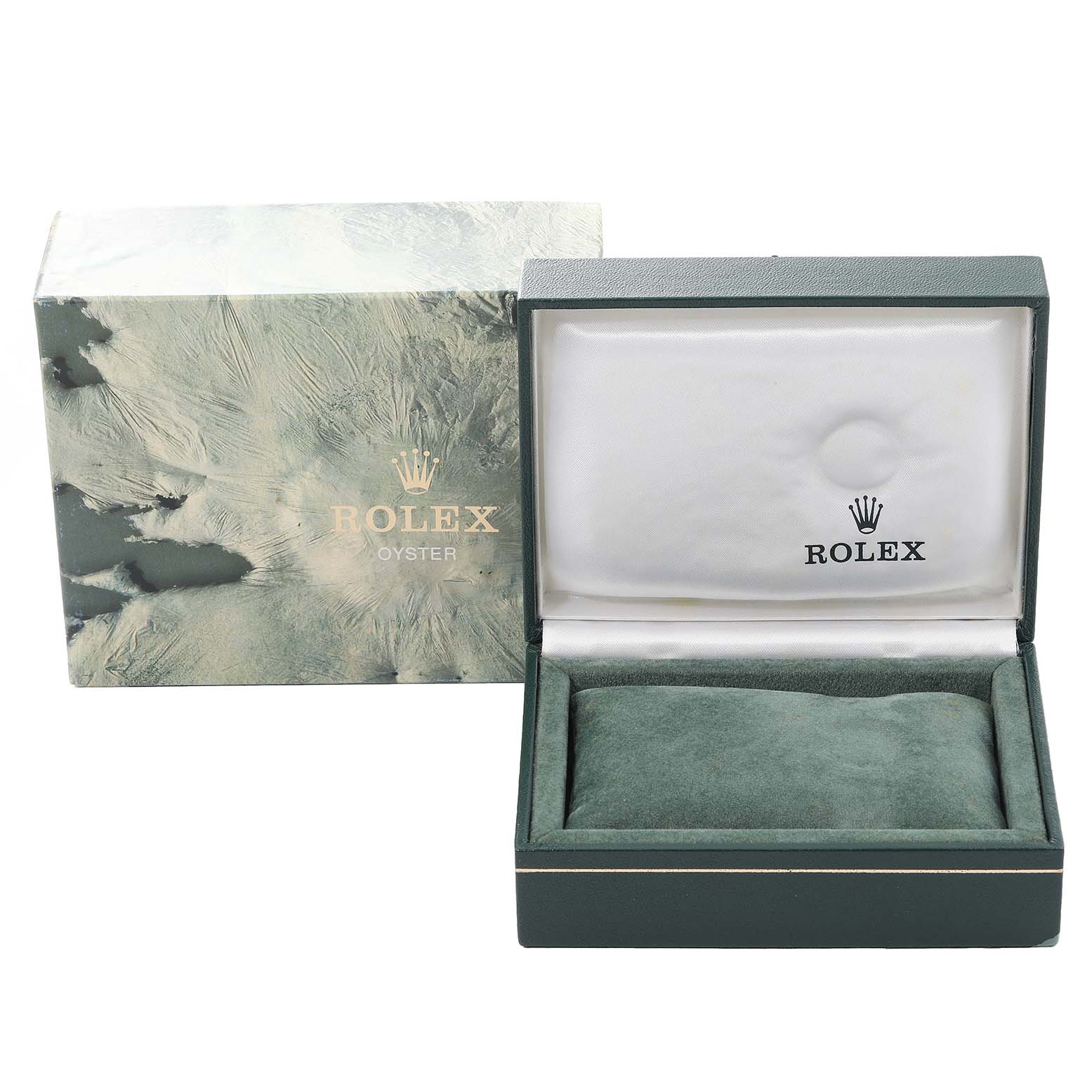 The image shows a Rolex Mid-Size 68273 Women
s Steel and Gold (two tone) Silver Dial 68273 Women
s Steel and Gold (two tone) Silver Dial watch box and its outer packaging from a front angle, with the box open, revealing a pillow inside.