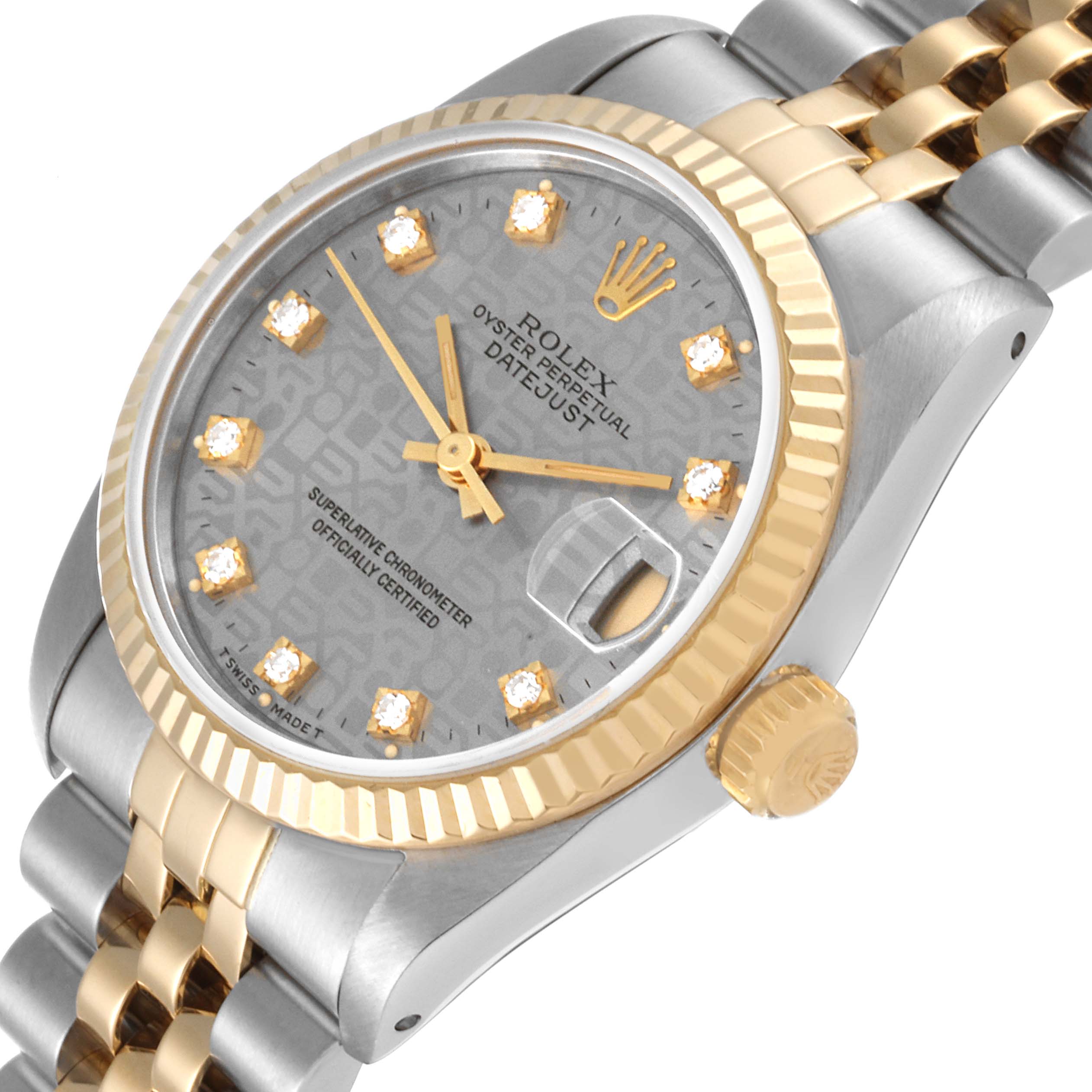 This image shows a close-up angled view of a Rolex Mid-Size 68273 Women
s Steel and Gold (two tone) Silver Dial 68273 Women
s Steel and Gold (two tone) Silver Dial Oyster Perpetual Datejust watch, highlighting the face and part of the band.