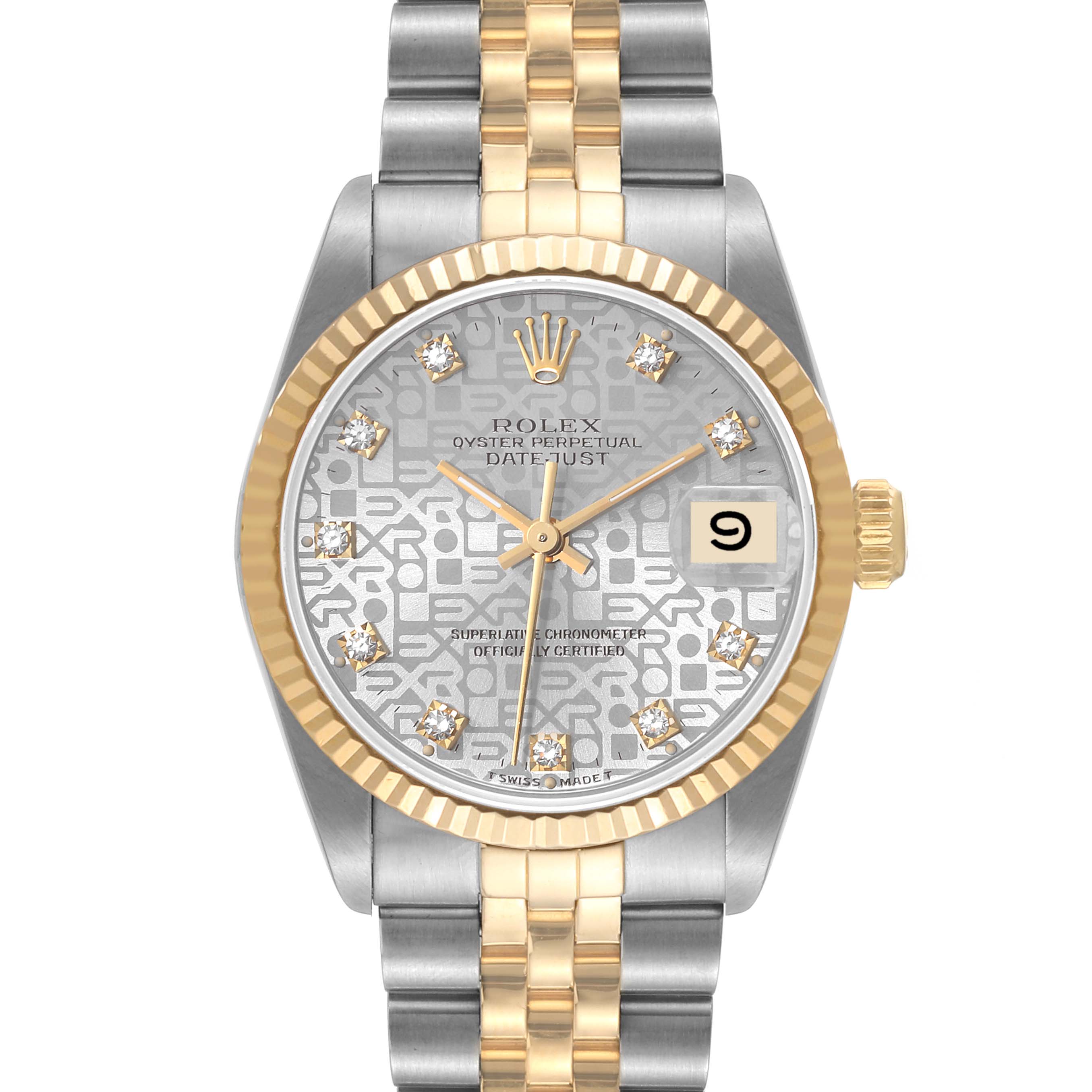 The image shows a front view of a mid-size Rolex Oyster Perpetual Datejust watch with a two-tone bracelet and a diamond-studded dial.