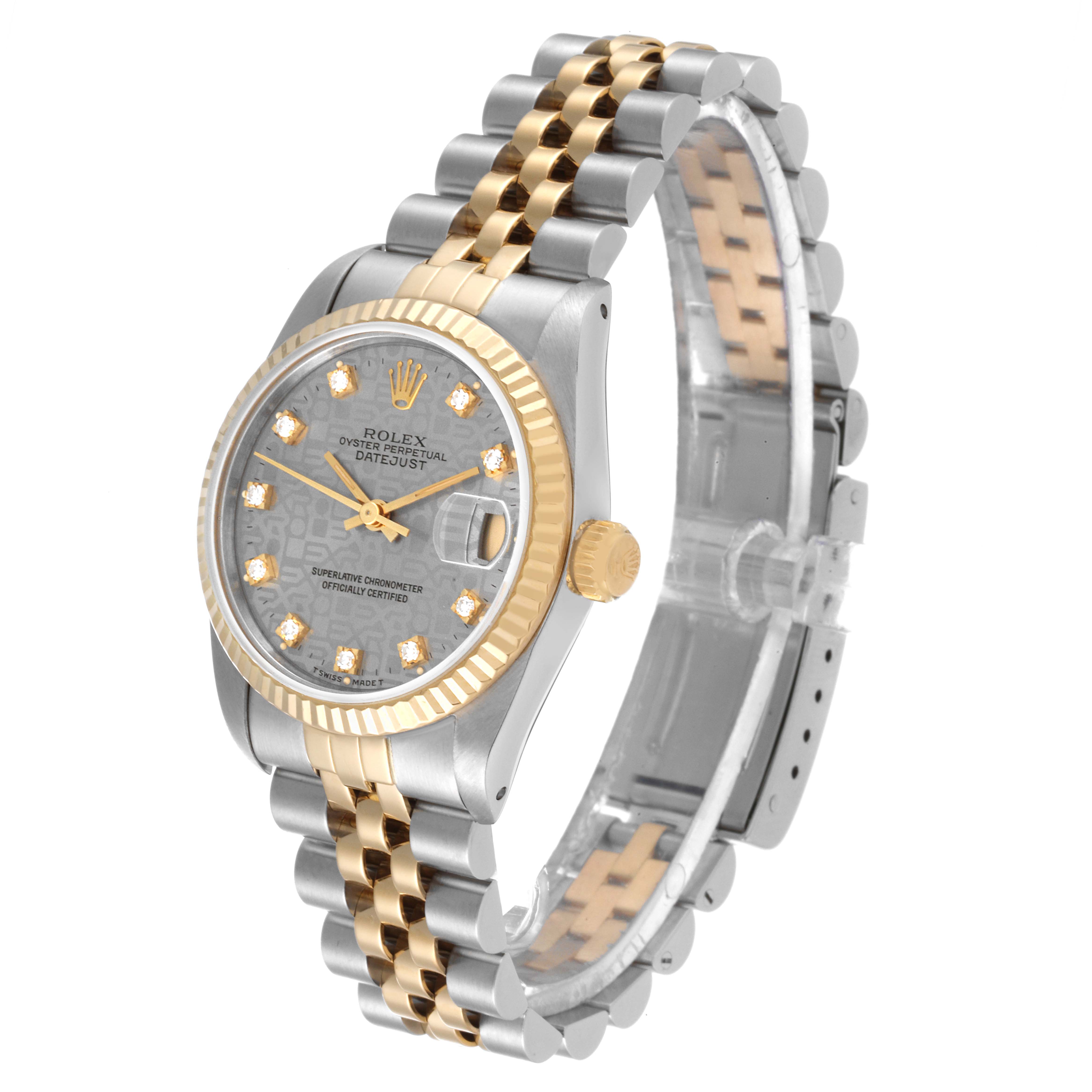 This image shows a Rolex Datejust Mid-Size watch at a slight angle, highlighting its gold and silver bracelet and diamond bezel.