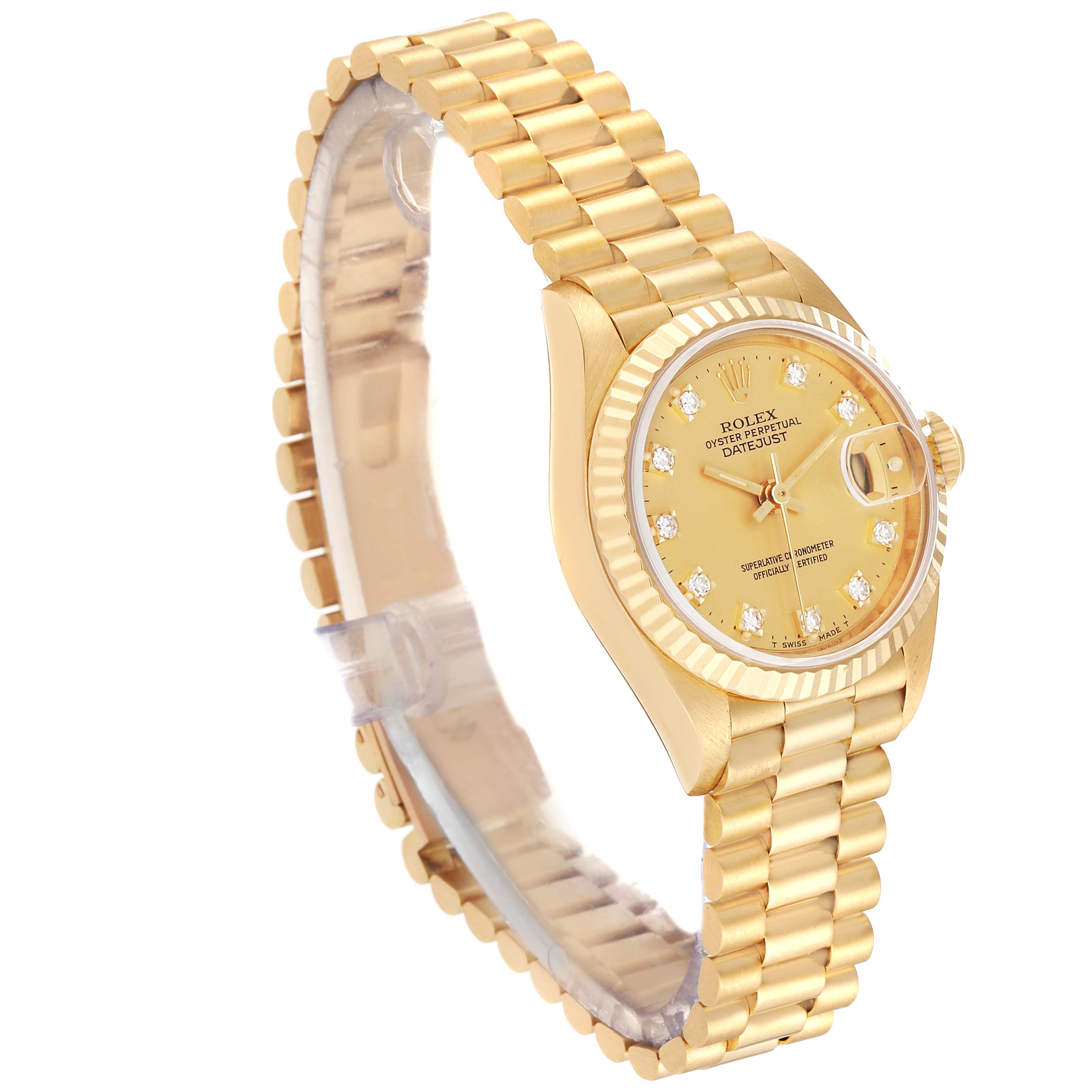The image shows a Rolex President 69178 Women
s Yellow Gold Champagne Dial 69178 Women
s Yellow Gold Champagne Dial model watch from a three-quarter angle showcasing its bracelet, dial, and bezel.