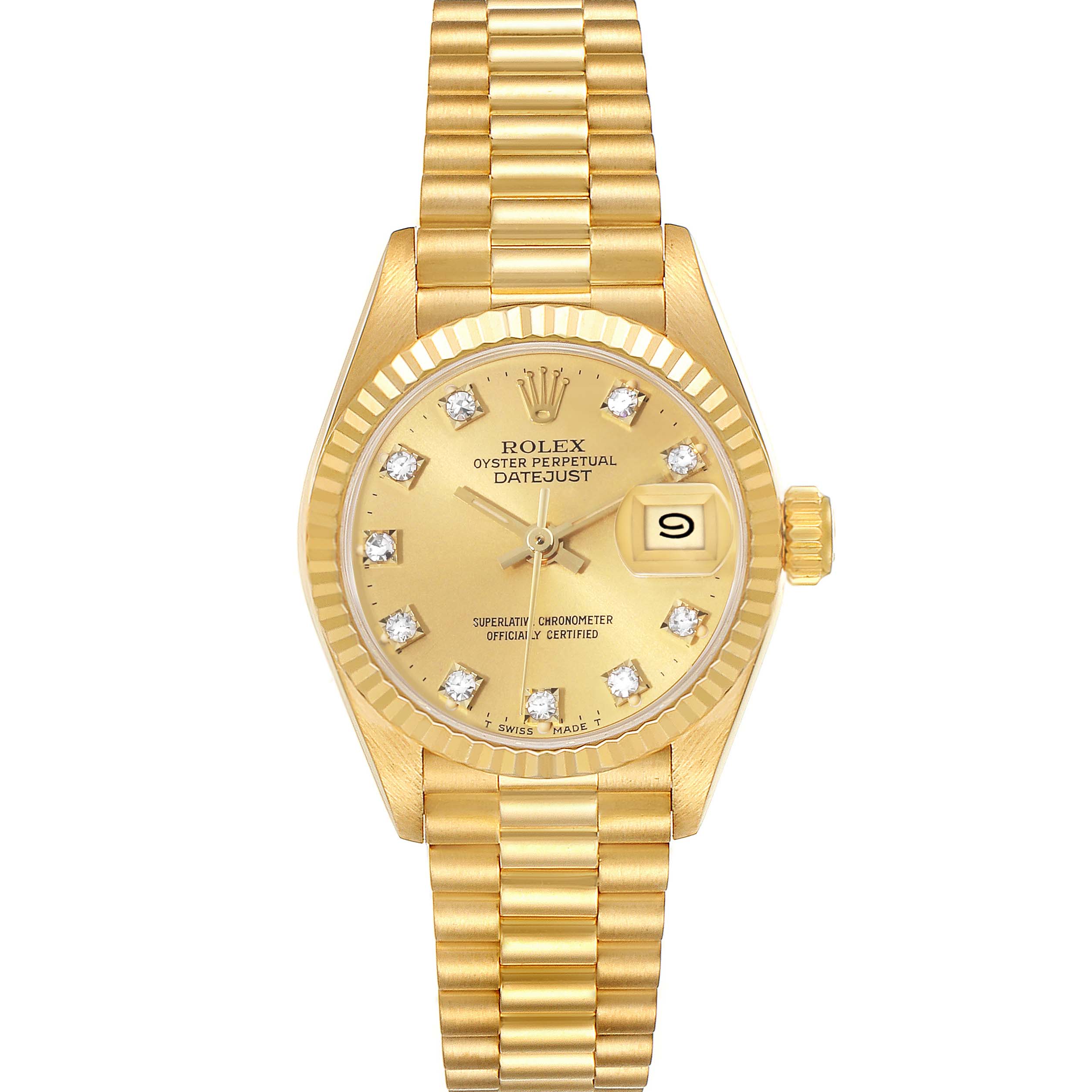 The image shows a front view of the Rolex President 69178 Women
s Yellow Gold Champagne Dial 69178 Women
s Yellow Gold Champagne Dial model watch, highlighting its dial, bracelet, and date display.