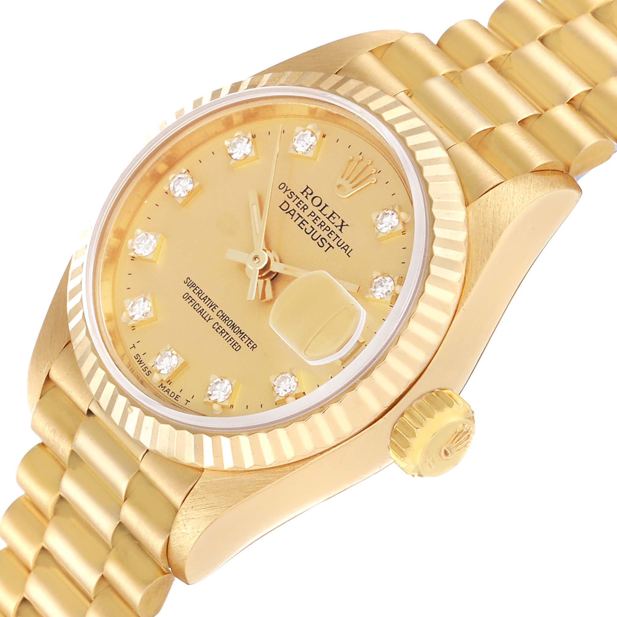 The Rolex President 69178 Women
s Yellow Gold Champagne Dial 69178 Women
s Yellow Gold Champagne Dial model watch is shown at an oblique angle displaying its dial, crown, bracelet, and bezel.