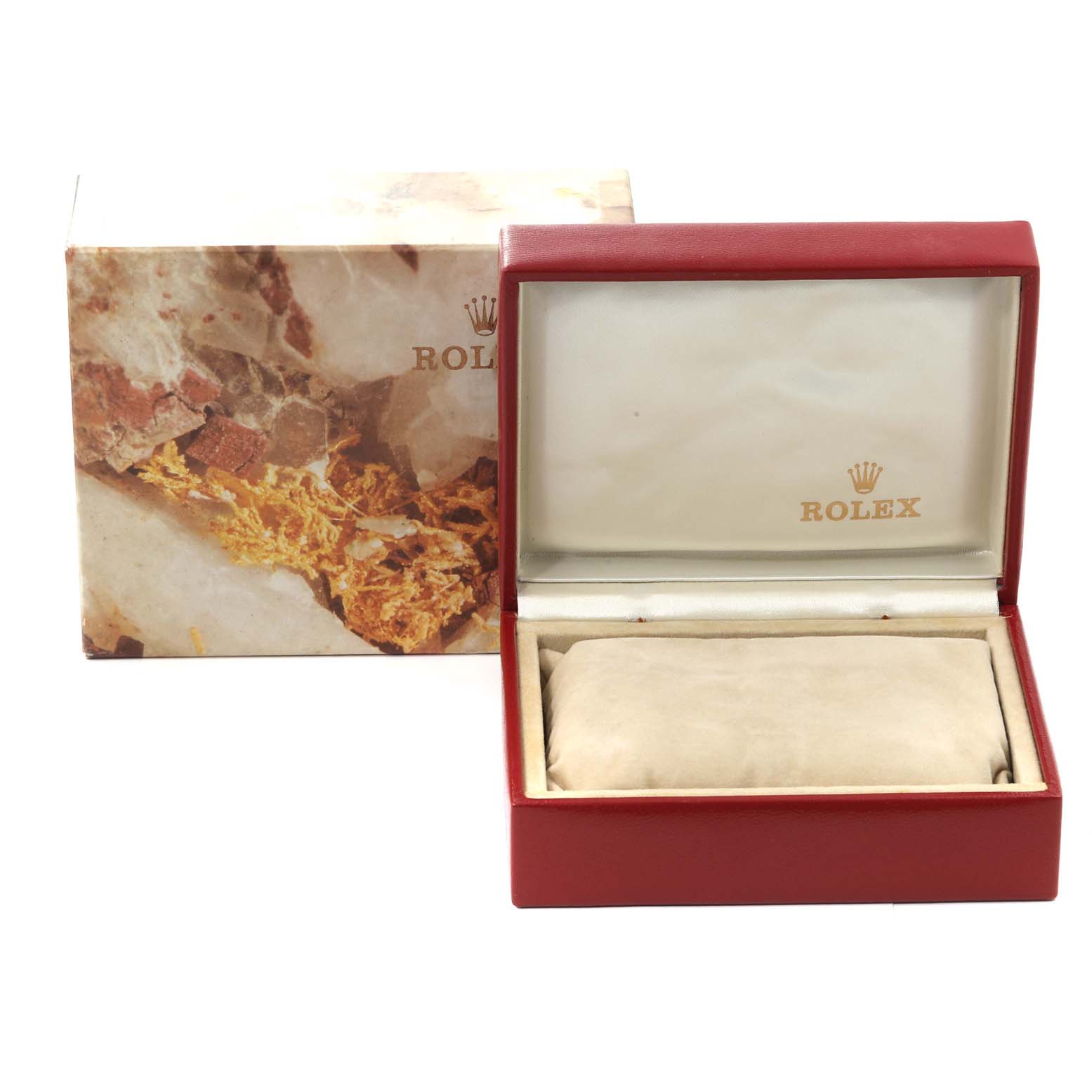 This image shows an open red watch box with a pillow inside, labeled with "Rolex," for the President model by Rolex.