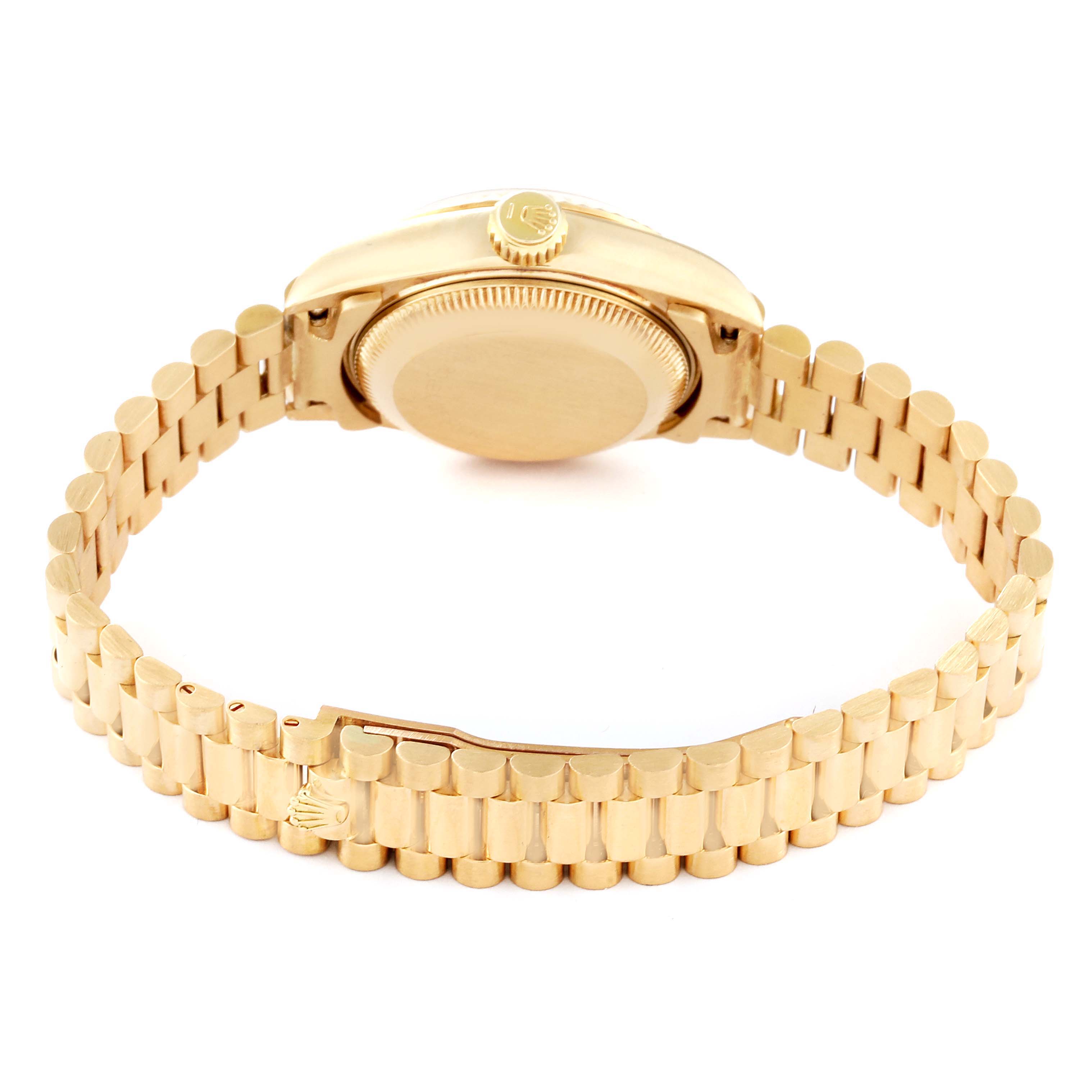 This image shows the backside and bracelet of a Rolex President 69178 Women
s Yellow Gold Champagne Dial 69178 Women
s Yellow Gold Champagne Dial model watch, highlighting the case back and clasp.