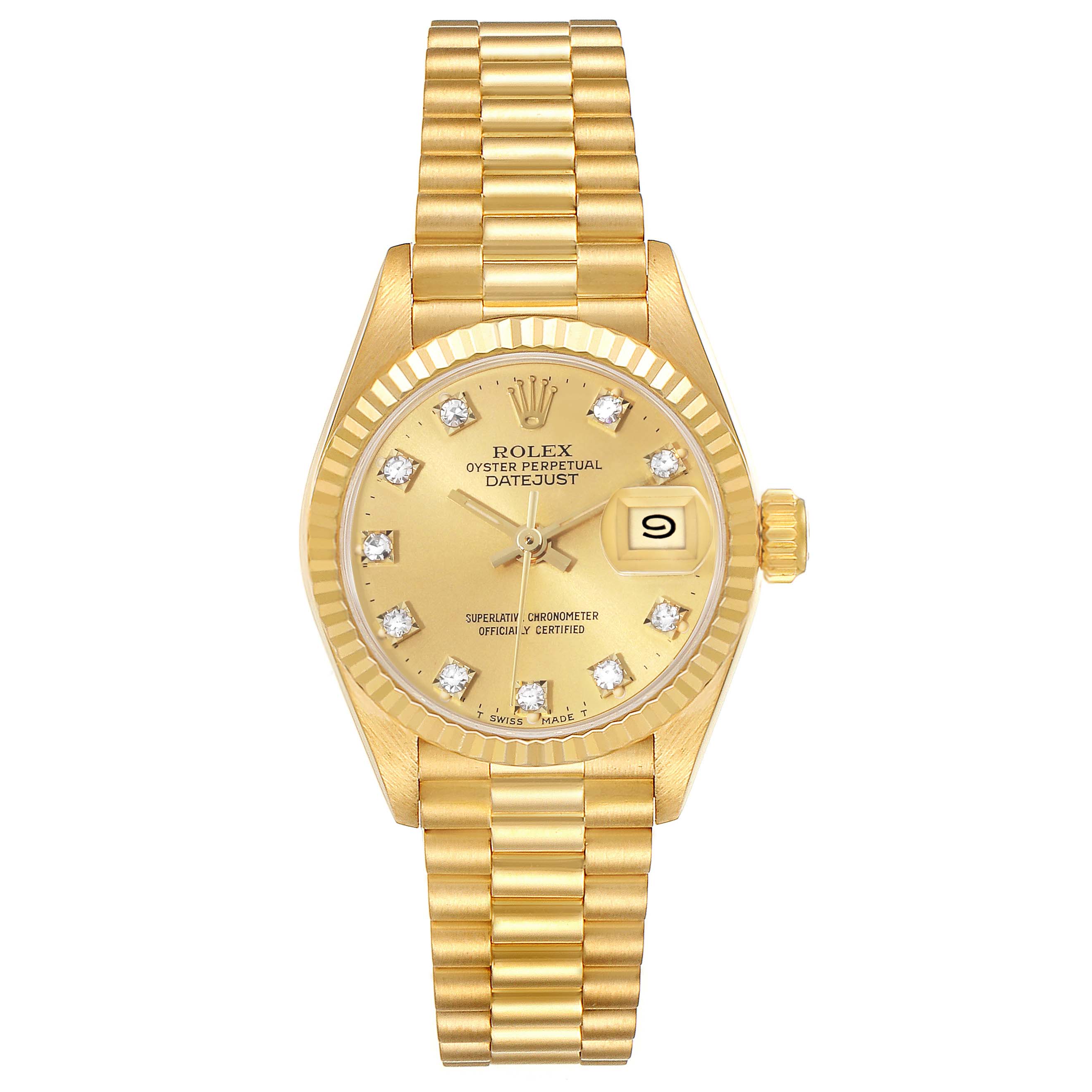 This image shows a front view of a Rolex President 69178 Women
s Yellow Gold Champagne Dial 69178 Women
s Yellow Gold Champagne Dial model Datejust watch, featuring a gold dial, diamond hour markers, and a gold bracelet.