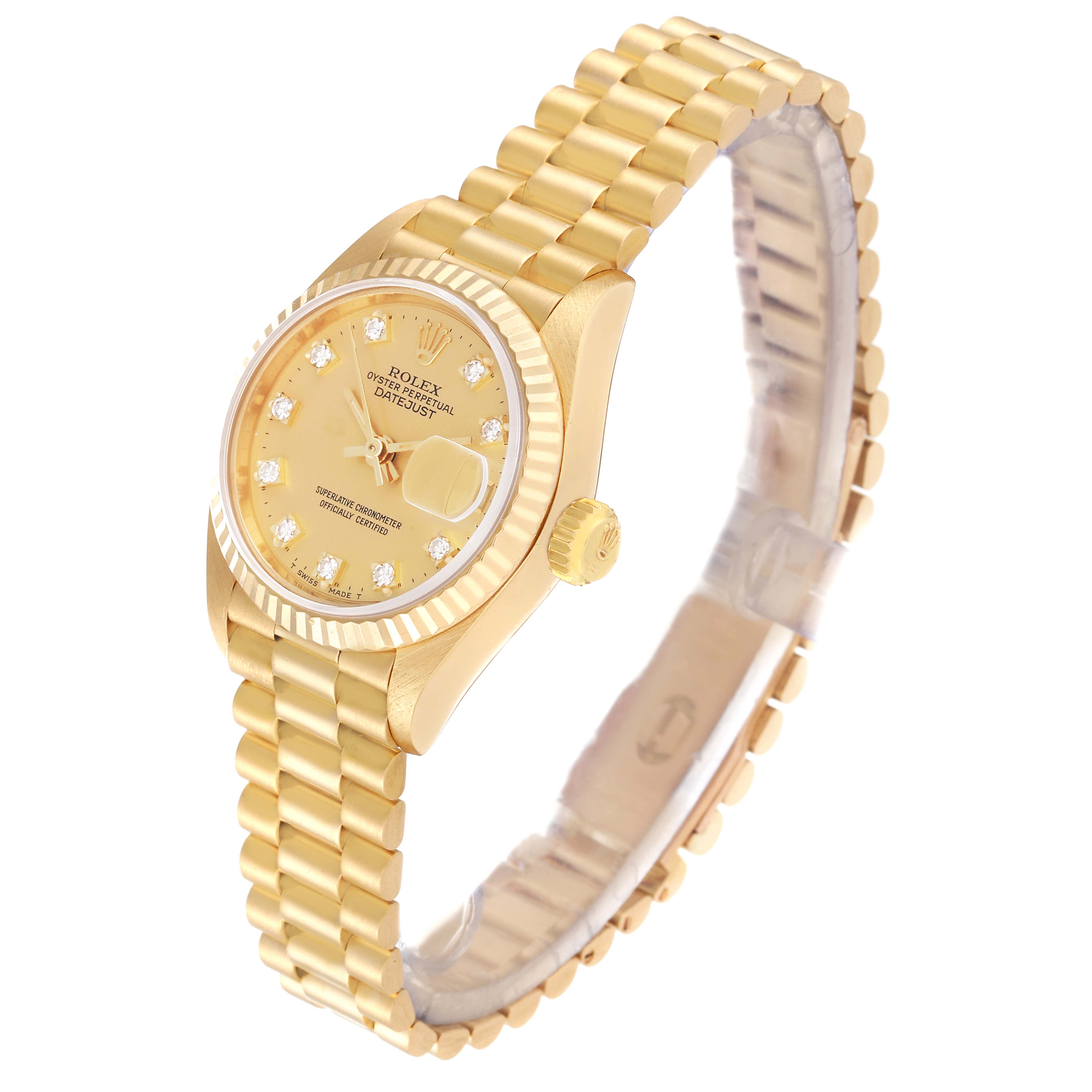 The image shows a Rolex President 69178 Women
s Yellow Gold Champagne Dial 69178 Women
s Yellow Gold Champagne Dial model watch at a slight right angle, displaying the dial, bezel, and bracelet.