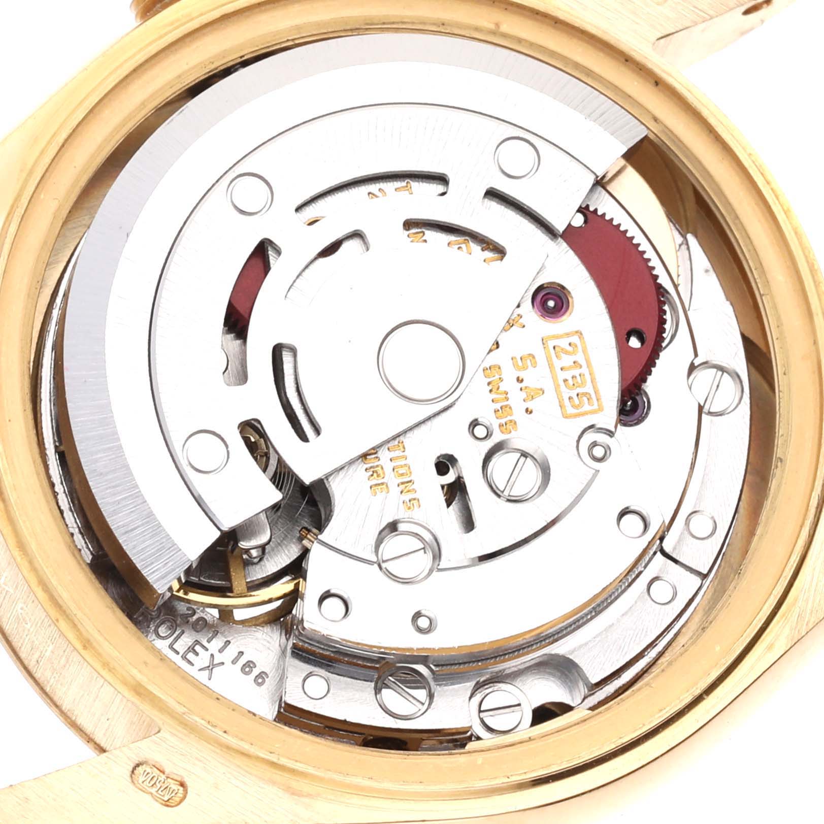This image shows the internal mechanical movement of a Rolex President 69178G Women's Yellow Gold Champagne Dial 69178G Women's Yellow Gold Champagne Dial model watch viewed from the back.