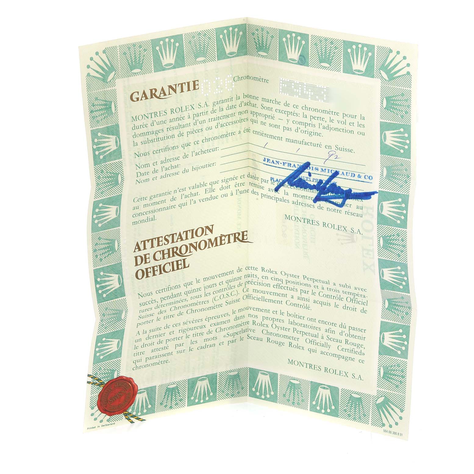 The image shows a warranty and official chronometer certificate for a Rolex President 69178G Women's Yellow Gold Champagne Dial 69178G Women's Yellow Gold Champagne Dial model.