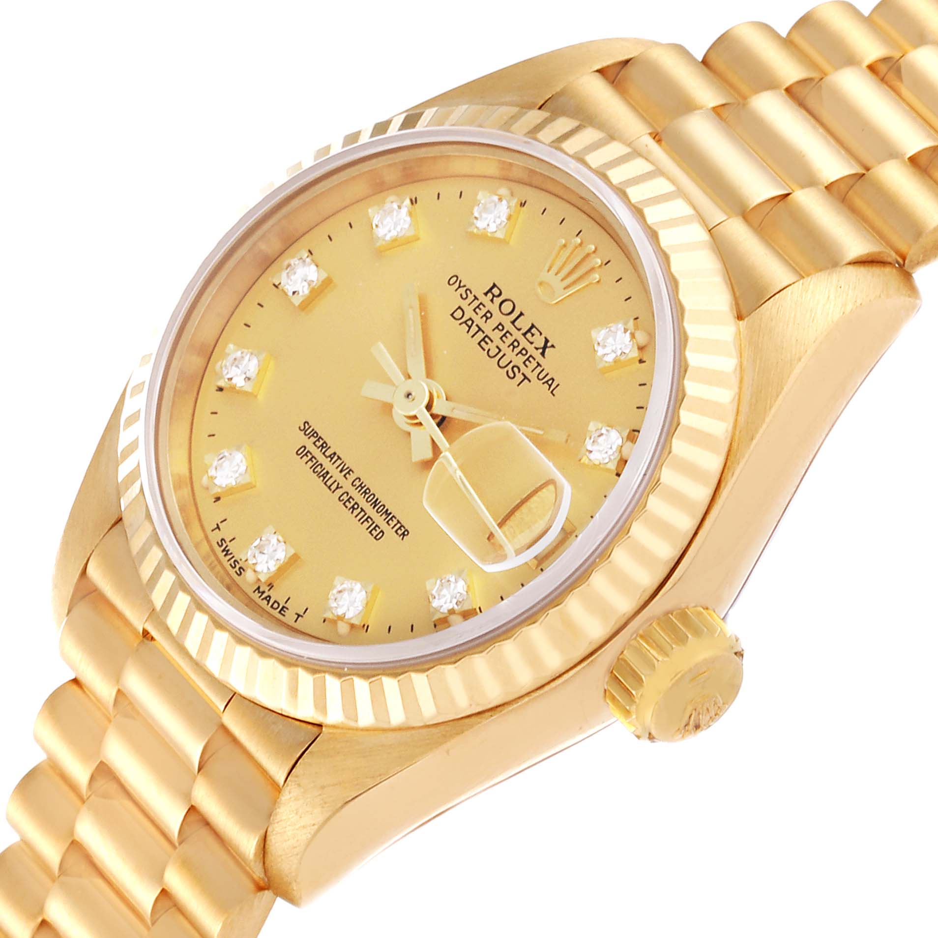 This image of the Rolex President 69178G Women's Yellow Gold Champagne Dial 69178G Women's Yellow Gold Champagne Dial model watch shows a close-up of the front dial, bezel, and part of the bracelet at an angled view.