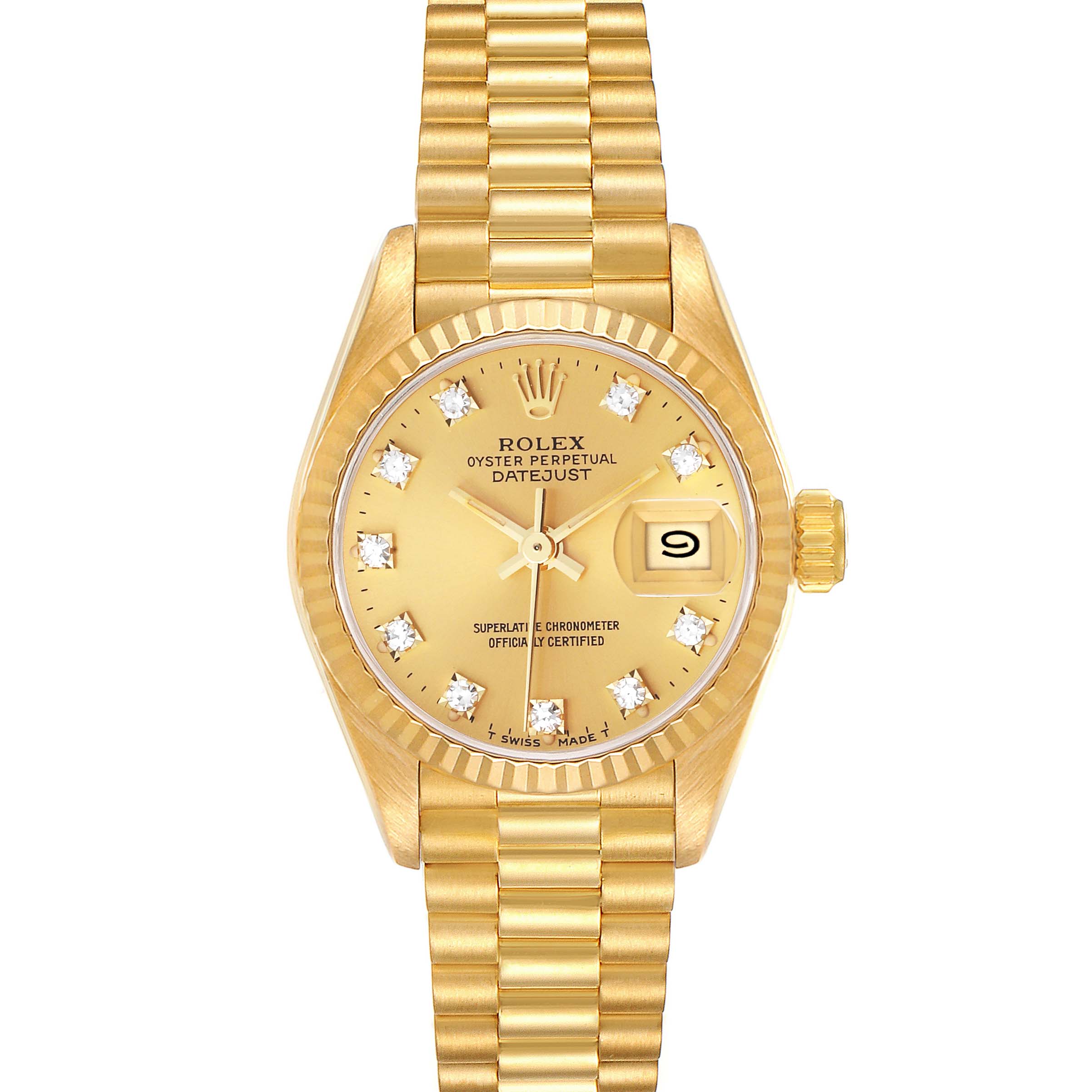 The image shows a frontal view of a Rolex Oyster Perpetual Datejust President model, highlighting the face, bezel, and bracelet.