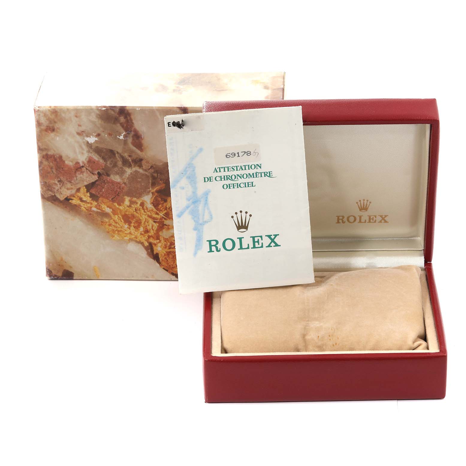 The image shows the packaging, an official certificate, and the box for the Rolex President 69178G Women's Yellow Gold Champagne Dial 69178G Women's Yellow Gold Champagne Dial model watch.