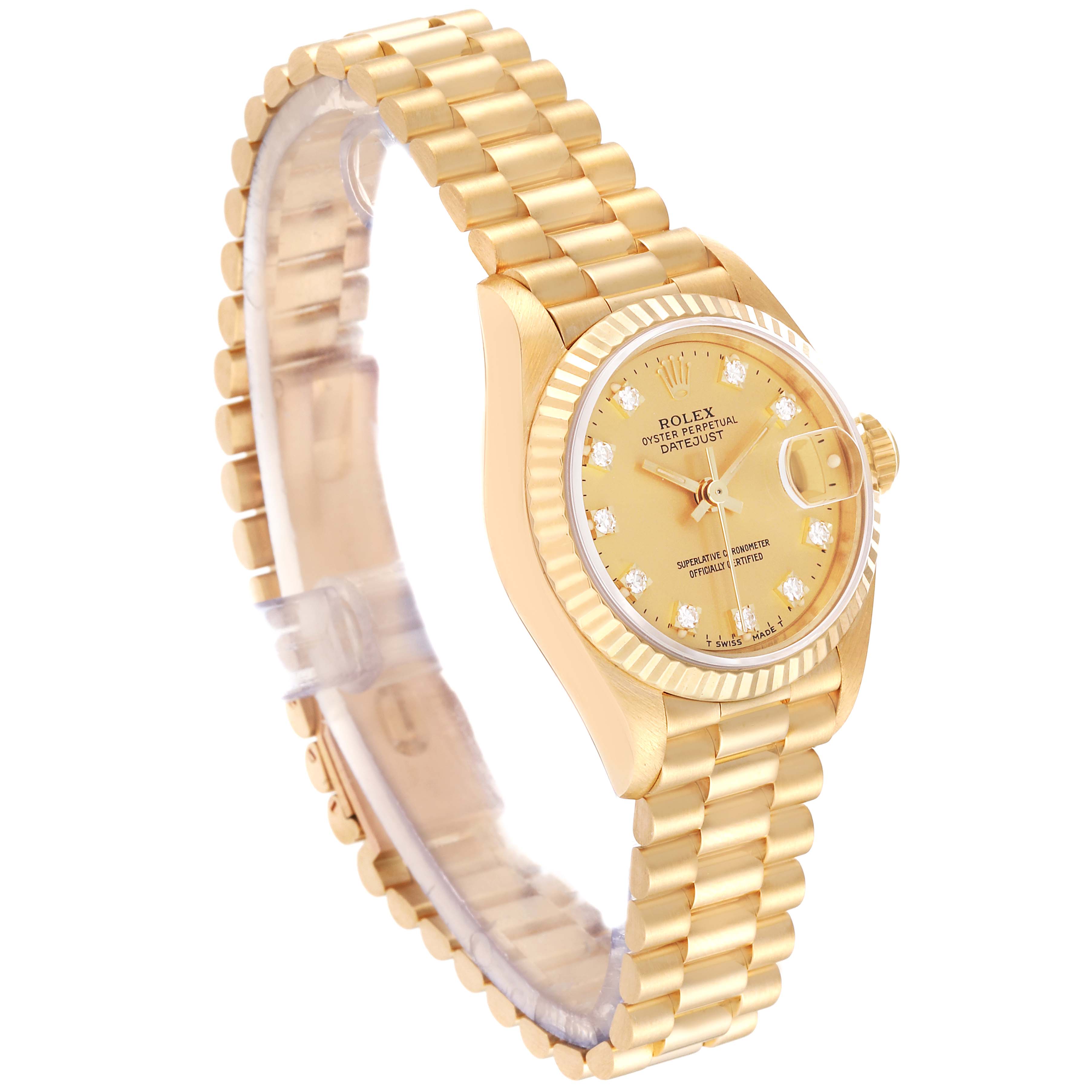 The image shows a side angle view of a Rolex President 69178G Women's Yellow Gold Champagne Dial 69178G Women's Yellow Gold Champagne Dial model watch, featuring the dial, bezel, crown, and bracelet.