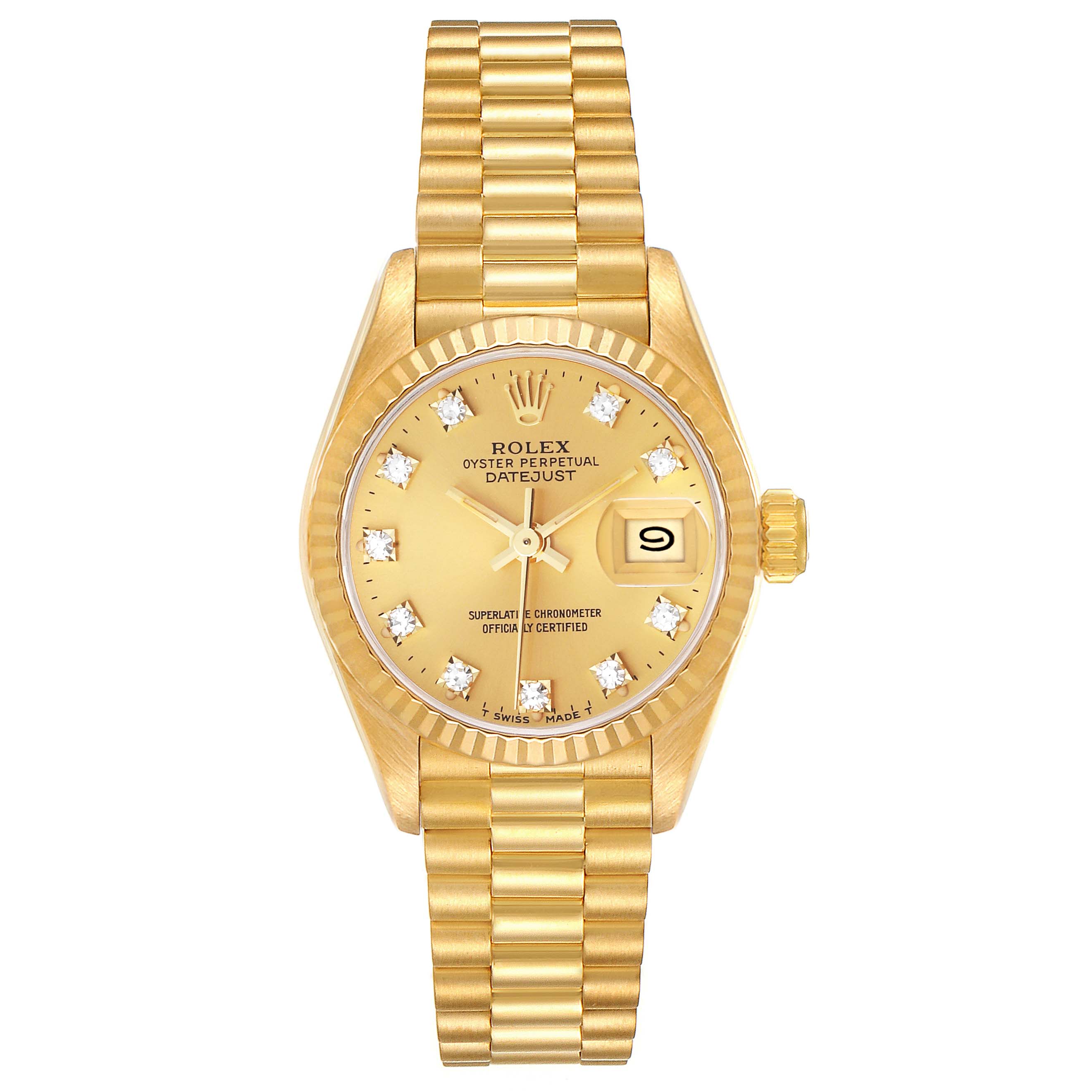 A frontal view of the Rolex President 69178G Women's Yellow Gold Champagne Dial 69178G Women's Yellow Gold Champagne Dial model watch, showcasing the dial, bezel, bracelet, and date window.