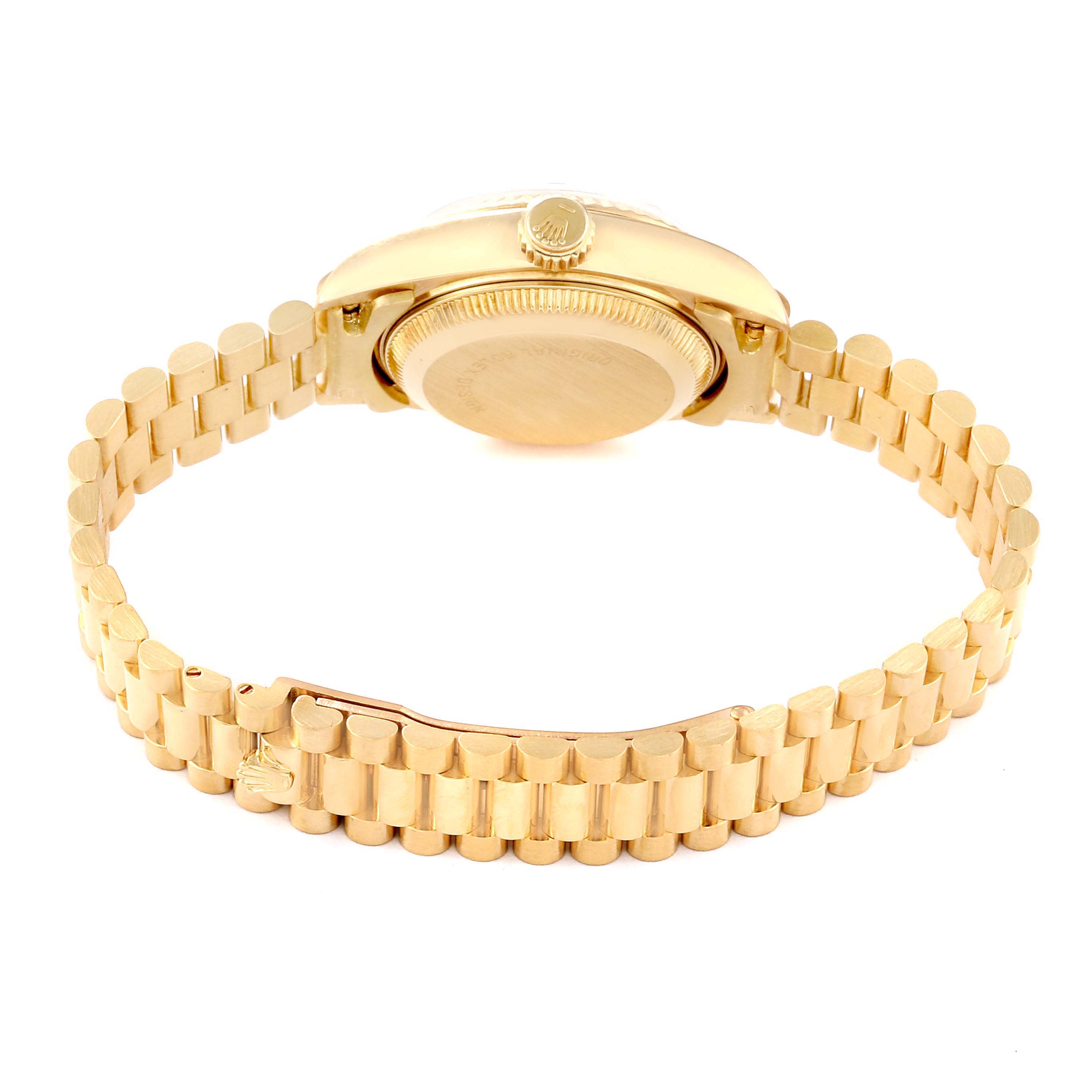 This image shows the back and side of the Rolex President 69178G Women's Yellow Gold Champagne Dial 69178G Women's Yellow Gold Champagne Dial watch, highlighting the caseback and bracelet.