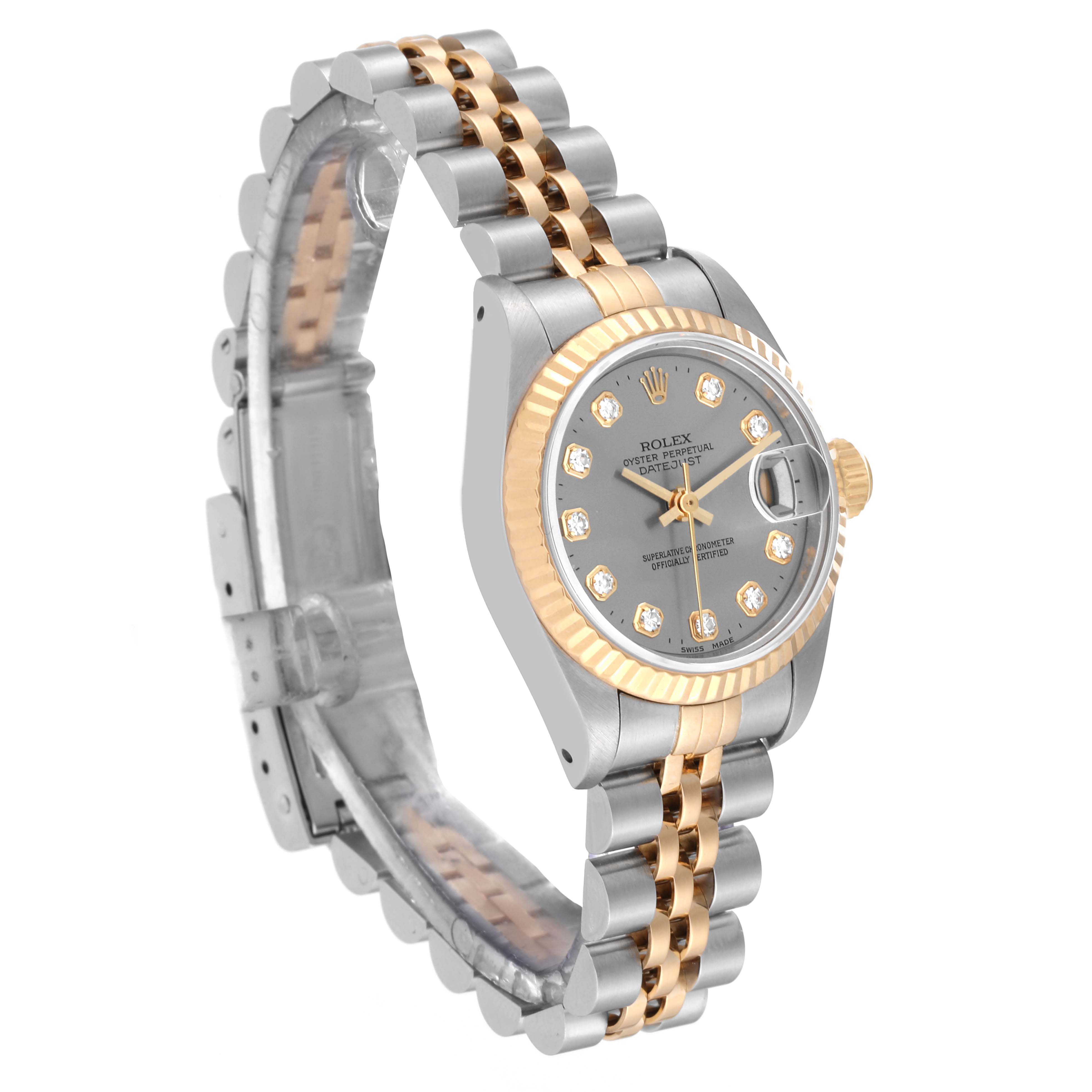 The image shows a Rolex Datejust 69173G Women's Steel and Gold (two tone) Grey Dial 69173G Women's Steel and Gold (two tone) Grey Dial watch angled to display the face, bezel, and a portion of the metal bracelet.