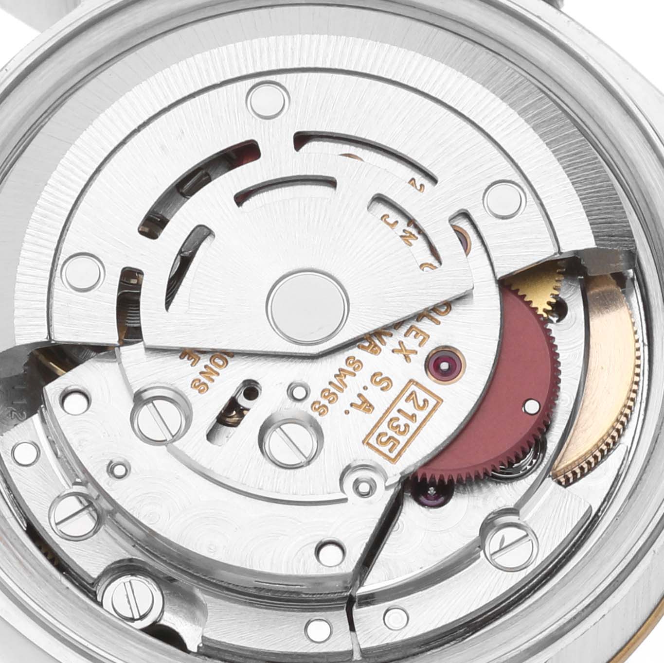 The image shows the intricate inner mechanism of a Rolex Datejust 69173G Women's Steel and Gold (two tone) Grey Dial 69173G Women's Steel and Gold (two tone) Grey Dial watch, featuring its automatic movement components.