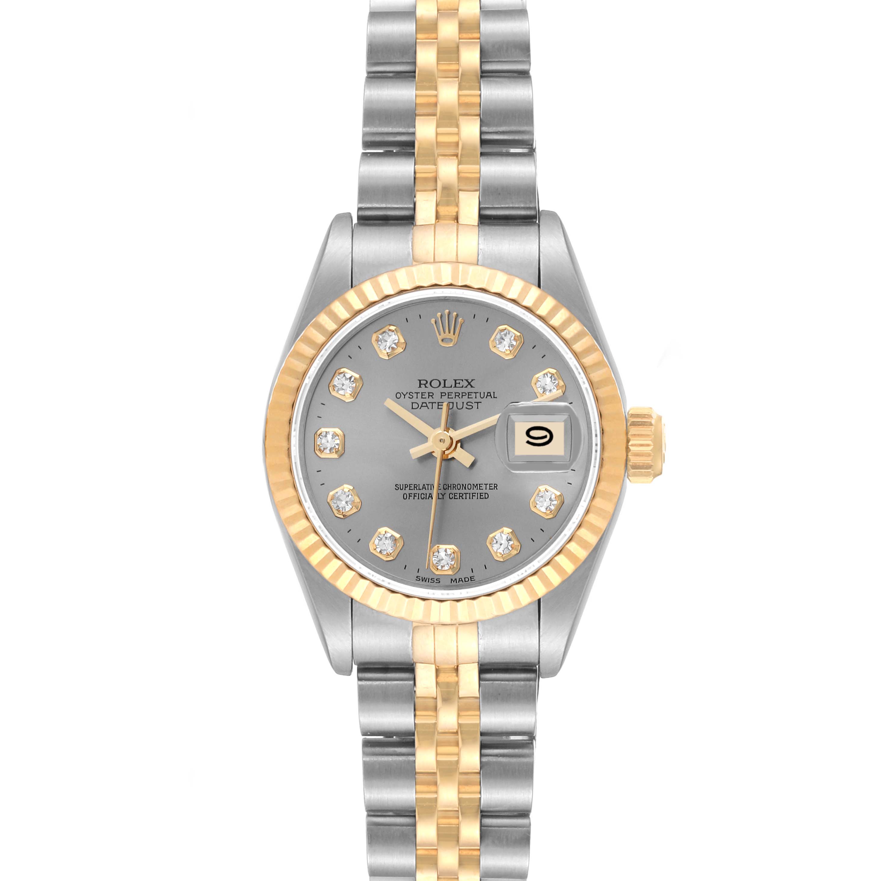 The Rolex Datejust 69173G Women's Steel and Gold (two tone) Grey Dial 69173G Women's Steel and Gold (two tone) Grey Dial is shown from a top view, displaying its two-tone bracelet, fluted bezel, and date window.