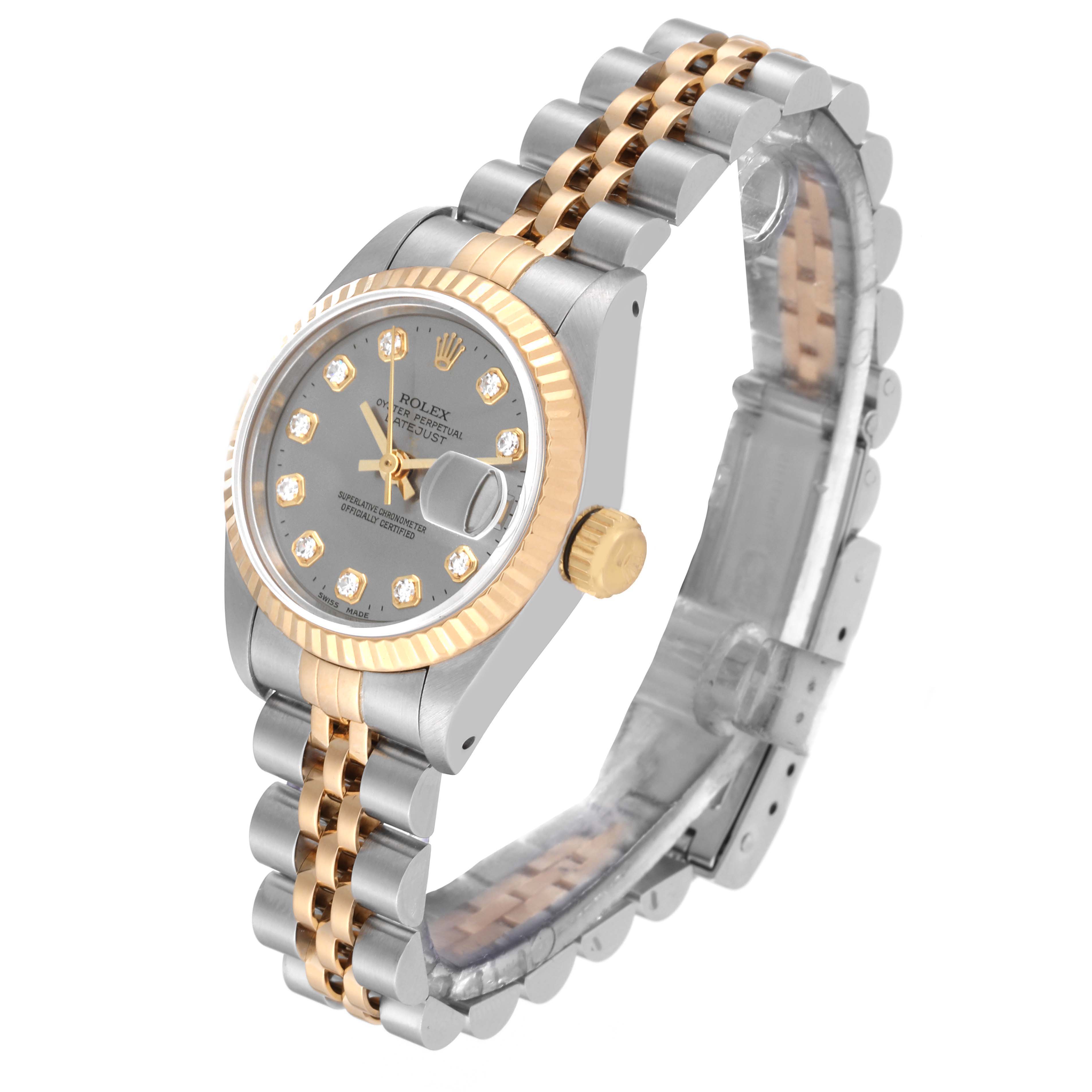 The Rolex Datejust 69173G Women's Steel and Gold (two tone) Grey Dial 69173G Women's Steel and Gold (two tone) Grey Dial watch is shown at a three-quarter angle, highlighting the dial, crown, and bracelet.