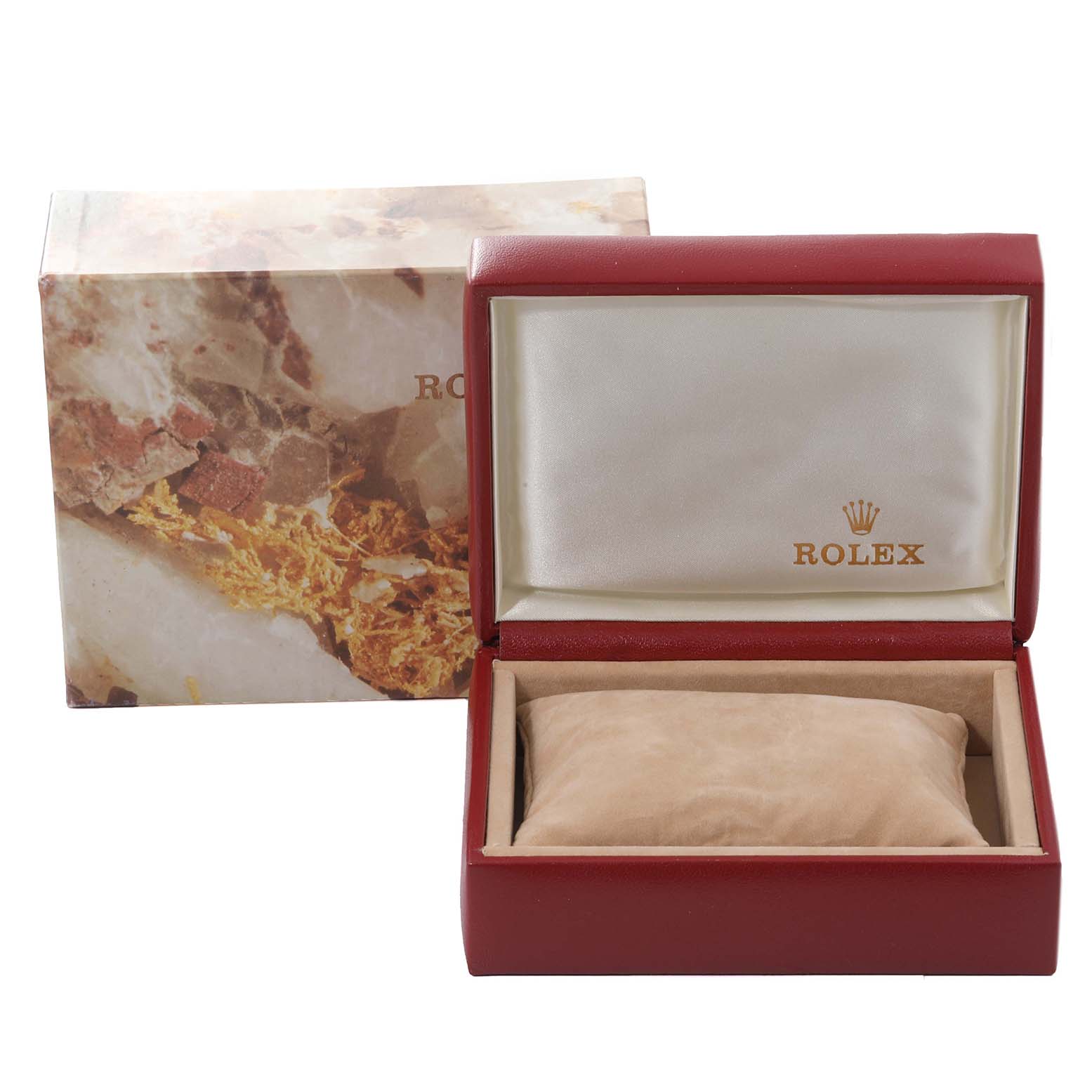 The image shows a Rolex Datejust 69173G Women's Steel and Gold (two tone) Grey Dial 69173G Women's Steel and Gold (two tone) Grey Dial watch box and cushion from a front view, with the outer packaging in the background.