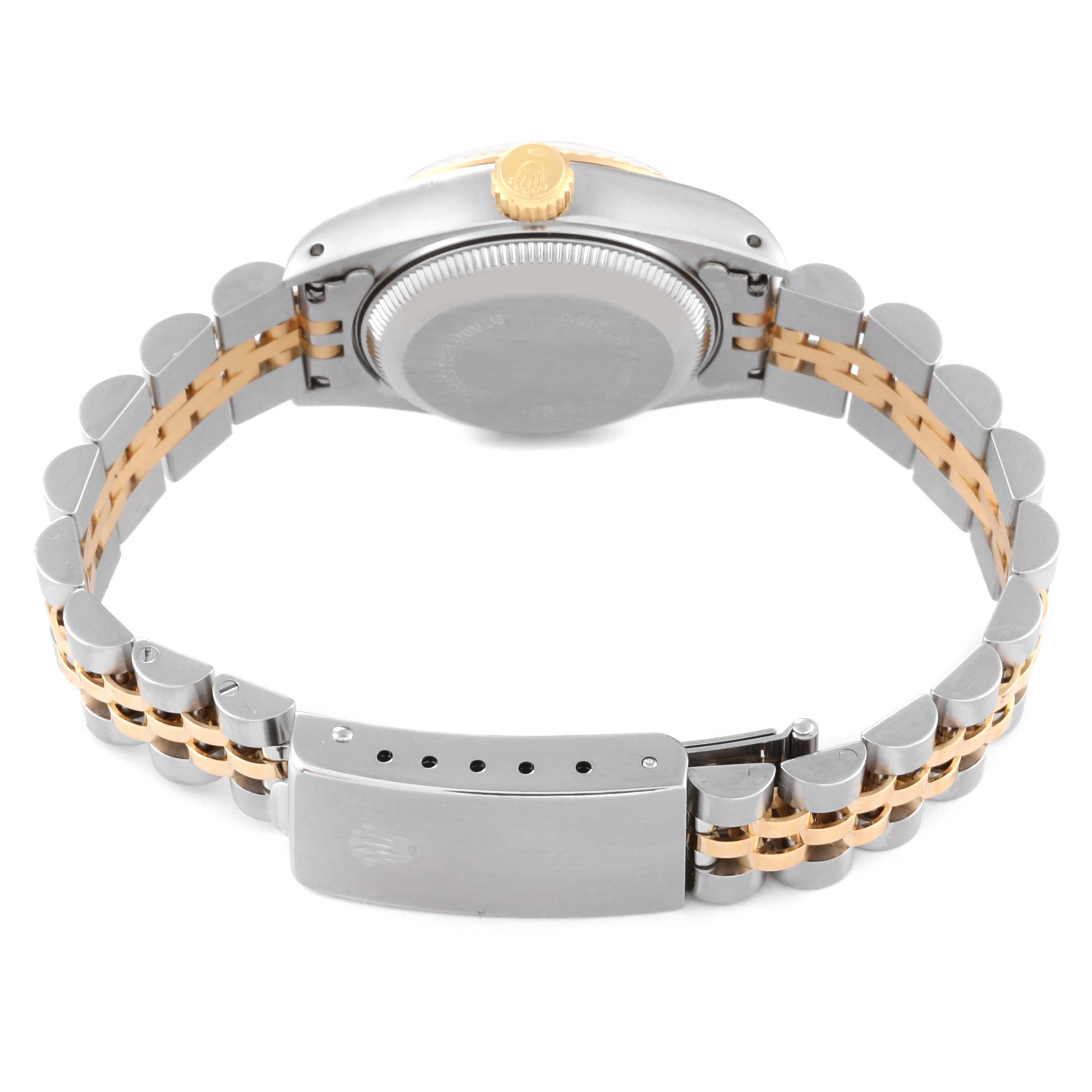 The image shows the back of a Rolex Datejust 69173G Women's Steel and Gold (two tone) Grey Dial 69173G Women's Steel and Gold (two tone) Grey Dial watch, highlighting the bracelet, clasp, and case back.
