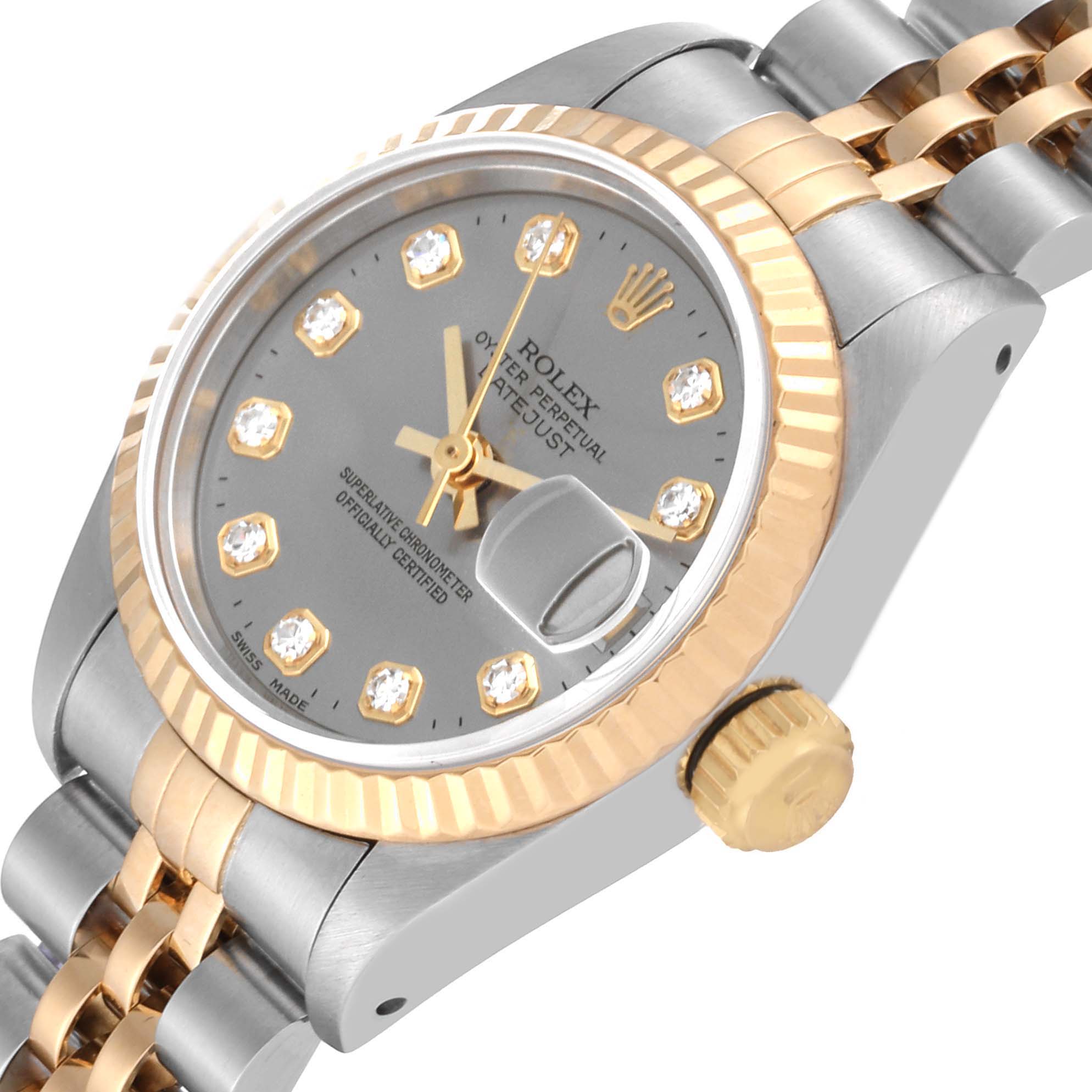 This image shows a close-up, angled view of a Rolex Datejust 69173G Women's Steel and Gold (two tone) Grey Dial 69173G Women's Steel and Gold (two tone) Grey Dial watch, highlighting its bezel, dial, crown, and bracelet.