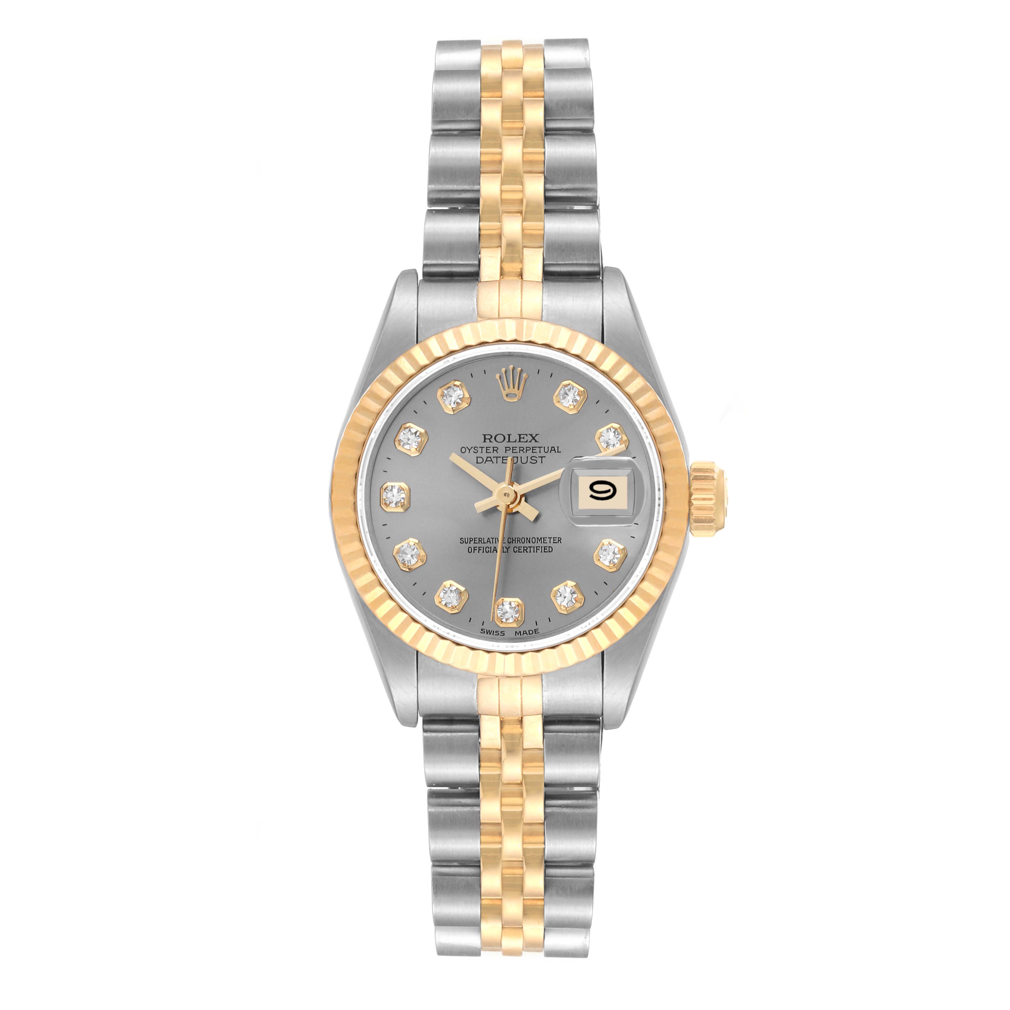 This image shows a front view of a Rolex Datejust 69173G Women's Steel and Gold (two tone) Grey Dial 69173G Women's Steel and Gold (two tone) Grey Dial watch, highlighting its silver and gold bracelet, gold bezel, and dial with date display.