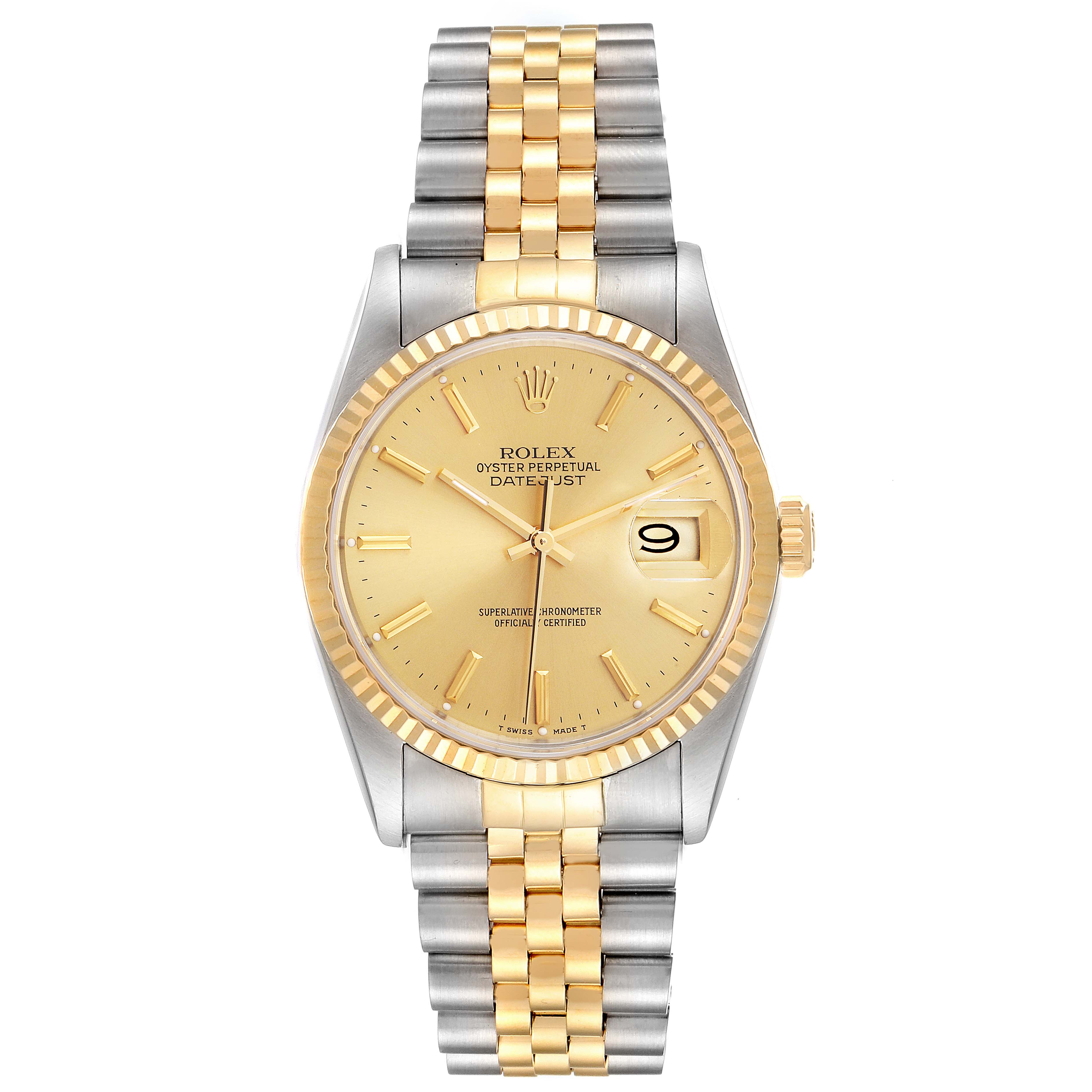 This image shows a front view of the Rolex Datejust 16233 Men
s Steel and Gold (two tone) Champagne Dial 16233 Men
s Steel and Gold (two tone) Champagne Dial watch, featuring its dial, bezel, and bracelet.