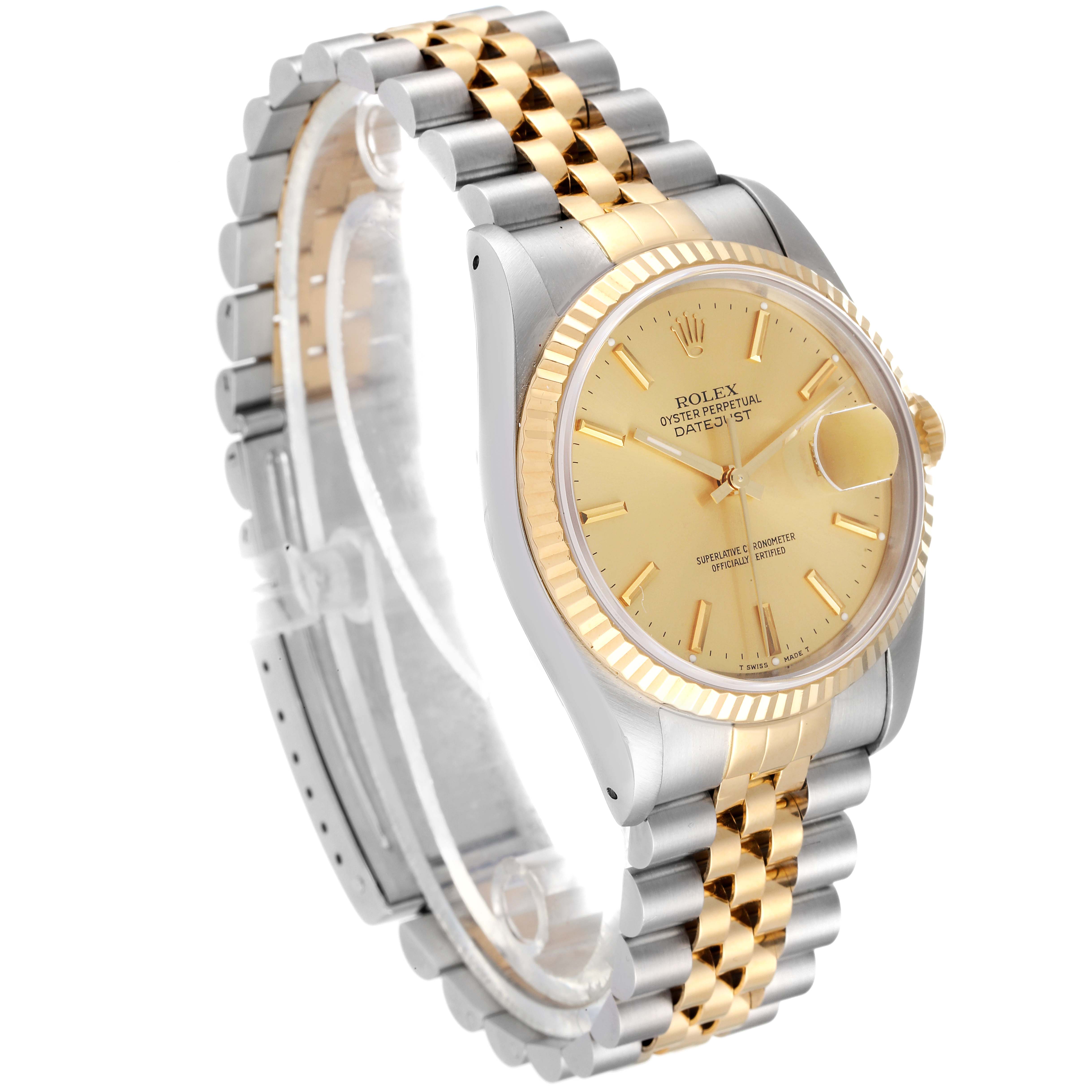 This Rolex Datejust 16233 Men
s Steel and Gold (two tone) Champagne Dial 16233 Men
s Steel and Gold (two tone) Champagne Dial watch is shown at a three-quarter front angle, highlighting the dial, bezel, and two-tone bracelet.