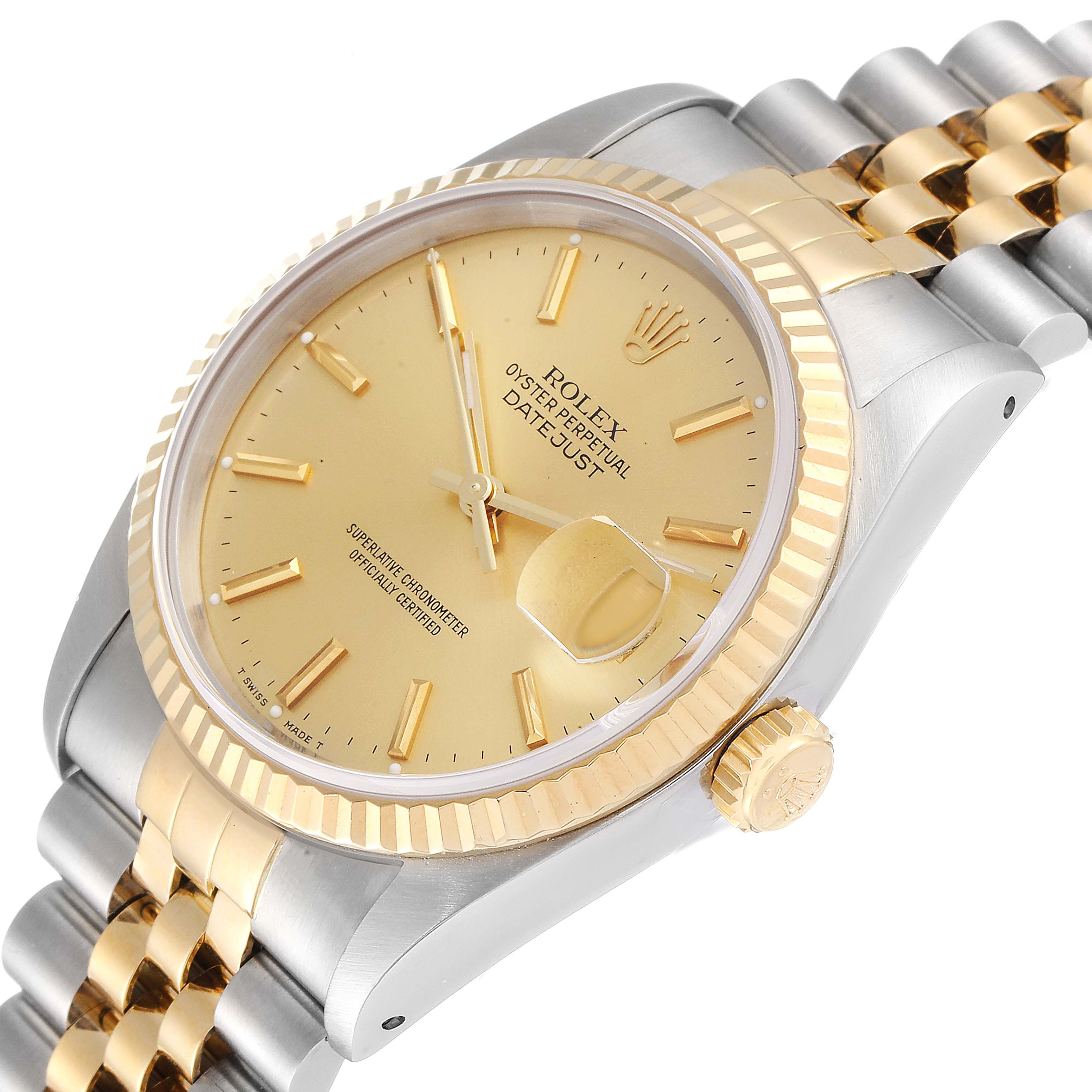 The image shows a Rolex Datejust 16233 Men
s Steel and Gold (two tone) Champagne Dial 16233 Men
s Steel and Gold (two tone) Champagne Dial watch at an angle, highlighting the gold bezel, crown, and part of the two-tone bracelet.