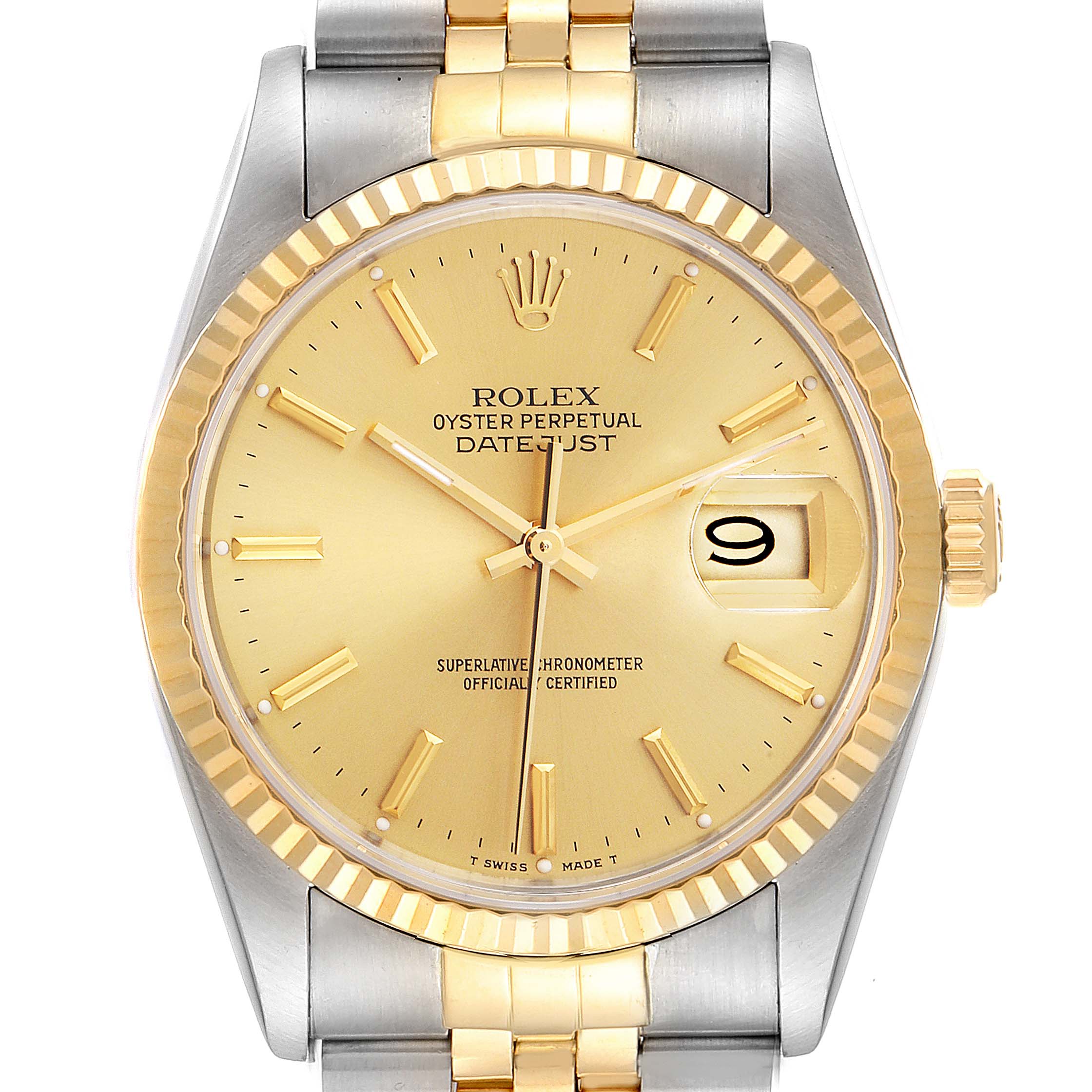The image shows a front view of the Rolex Datejust 16233 Men
s Steel and Gold (two tone) Champagne Dial 16233 Men
s Steel and Gold (two tone) Champagne Dial watch, highlighting its gold dial, bezel, and two-tone bracelet.