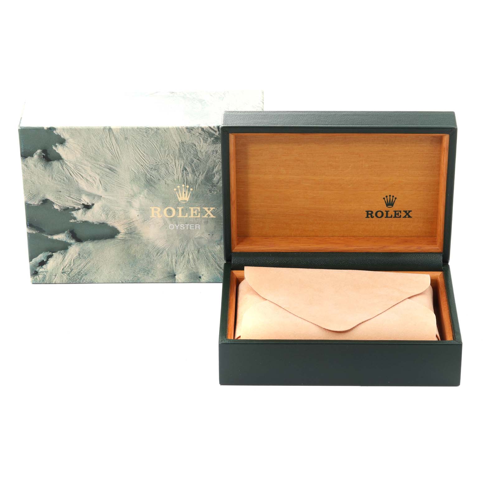 The image shows the open presentation box for a Rolex Datejust 16233 Men's Steel and Gold (two tone) Champagne Dial 16233 Men's Steel and Gold (two tone) Champagne Dial watch, with the outer box and a tan watch pouch visible.