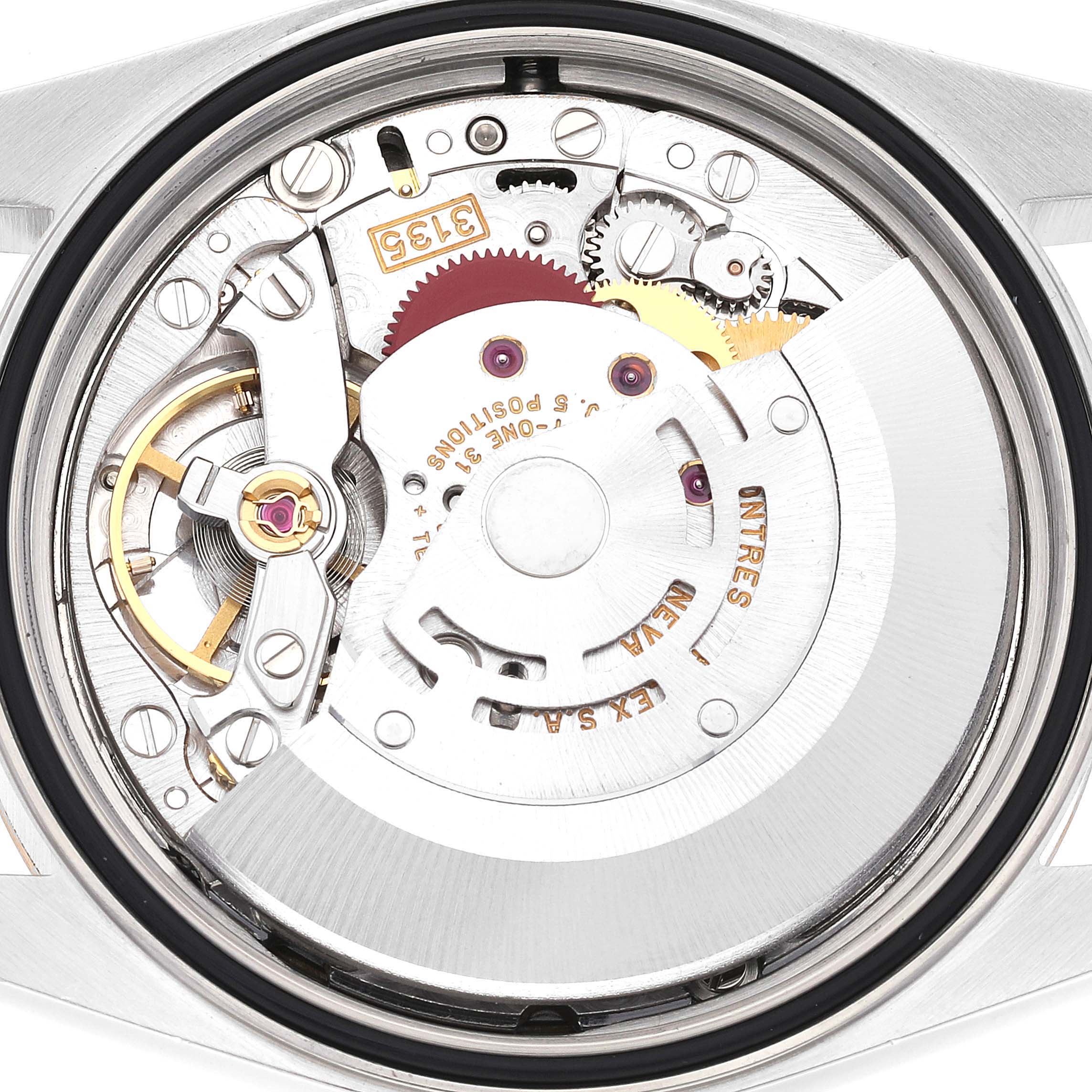 The image shows the internal mechanical components and movement of a Rolex Datejust 16233 Men's Steel and Gold (two tone) Champagne Dial 16233 Men's Steel and Gold (two tone) Champagne Dial watch.