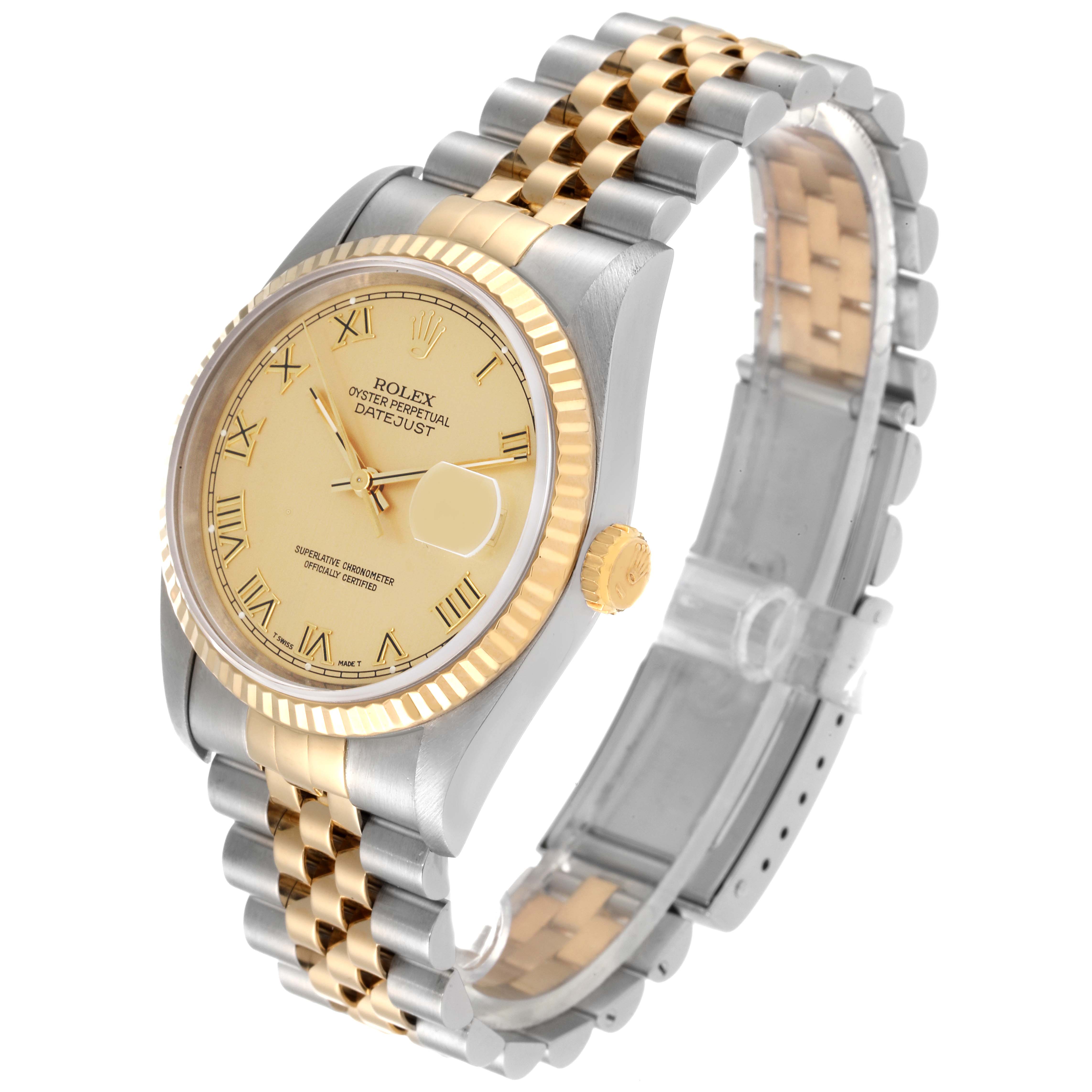 This image shows a Rolex Datejust 16233 Men's Steel and Gold (two tone) Champagne Dial 16233 Men's Steel and Gold (two tone) Champagne Dial watch at an angle displaying the face, bezel, crown, and two-tone Jubilee bracelet.