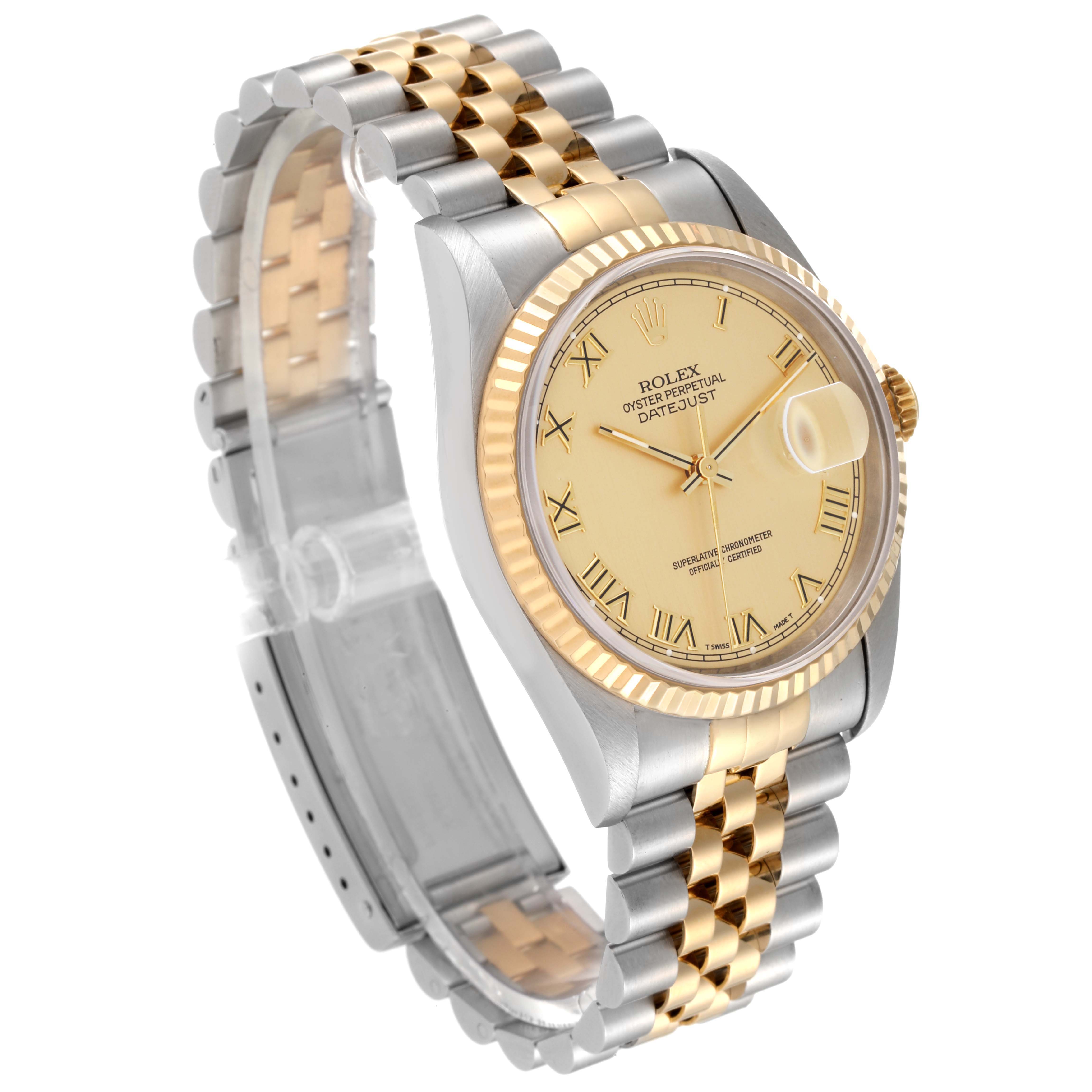 The Rolex Datejust 16233 Men's Steel and Gold (two tone) Champagne Dial 16233 Men's Steel and Gold (two tone) Champagne Dial watch is shown at a three-quarter angle, highlighting its dial, bezel, crown, and two-tone bracelet.