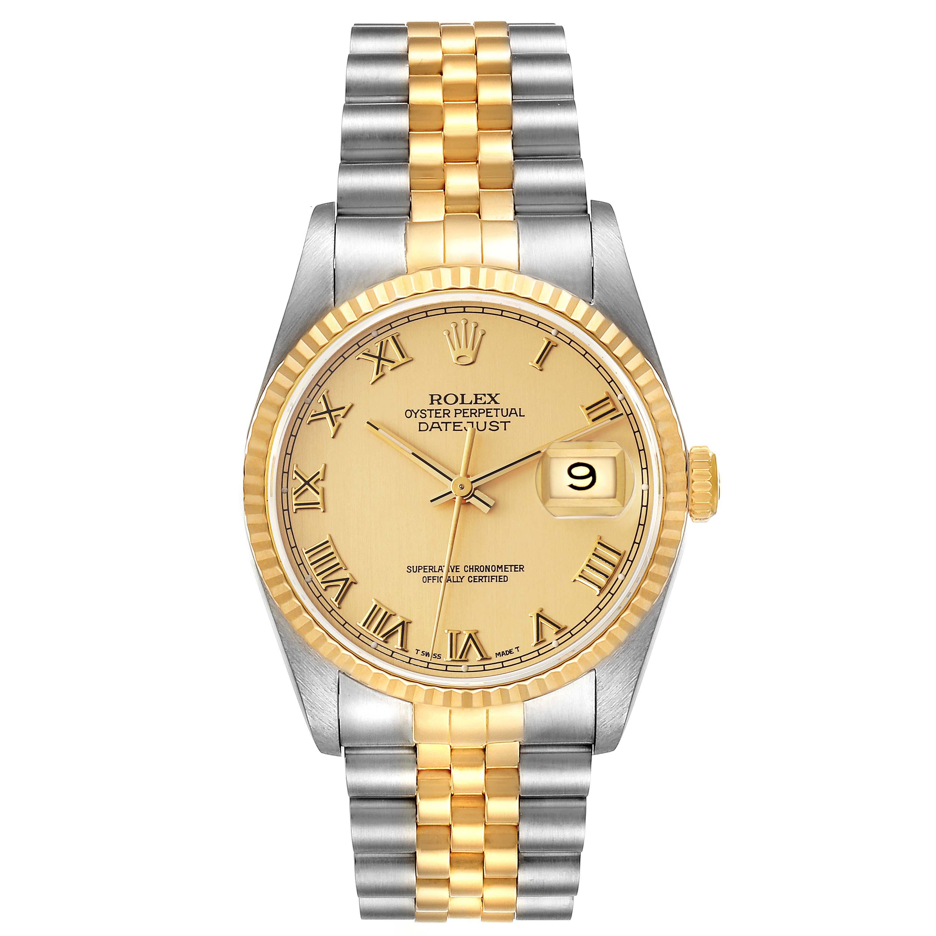 The image shows a front view of a Rolex Datejust 16233 Men's Steel and Gold (two tone) Champagne Dial 16233 Men's Steel and Gold (two tone) Champagne Dial watch, highlighting its dial, bezel, and two-tone bracelet.