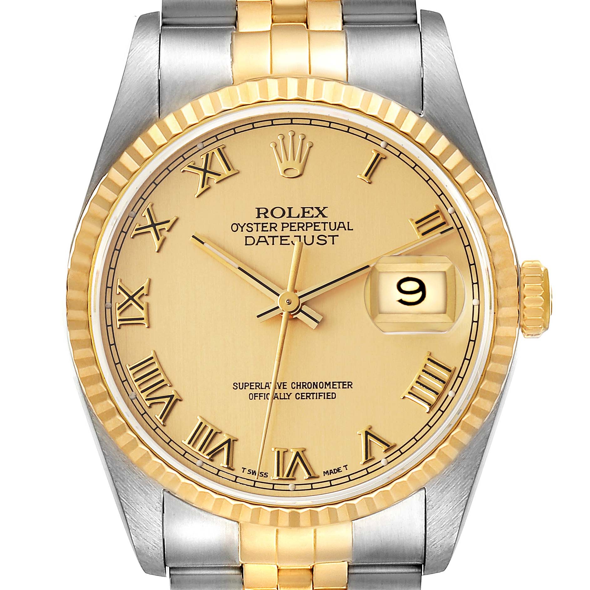 This image shows a front view of a Rolex Datejust 16233 Men's Steel and Gold (two tone) Champagne Dial 16233 Men's Steel and Gold (two tone) Champagne Dial watch, highlighting its dial, bezel, hands, and the date window.