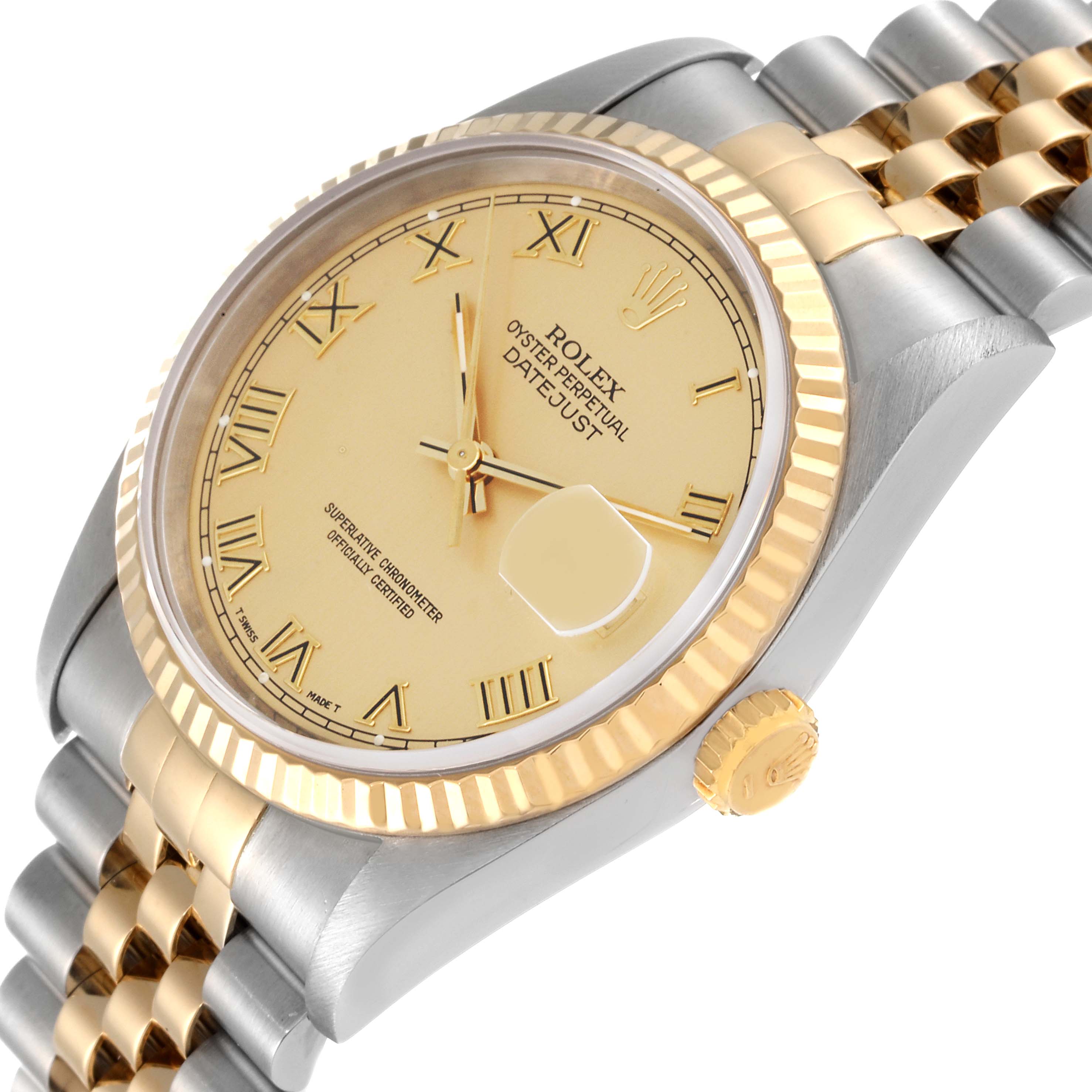 This image shows a Rolex Datejust 16233 Men's Steel and Gold (two tone) Champagne Dial 16233 Men's Steel and Gold (two tone) Champagne Dial watch from a slightly tilted top angle, highlighting the face, bezel, crown, and bracelet.