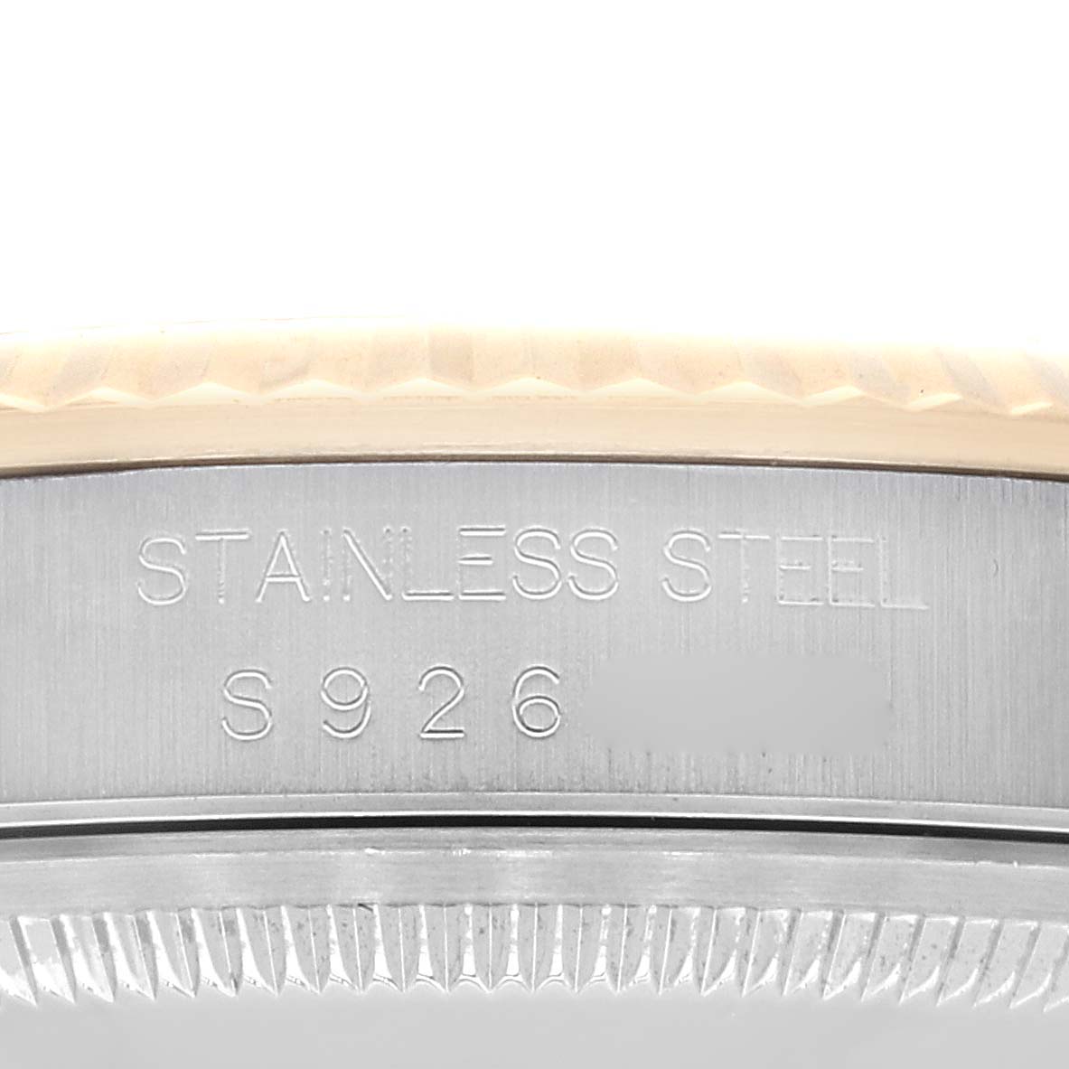 The image shows a close-up of the side casing and edge of a Rolex Datejust 16233 Men's Steel and Gold (two tone) Champagne Dial 16233 Men's Steel and Gold (two tone) Champagne Dial watch, highlighting the stainless steel and reference number.