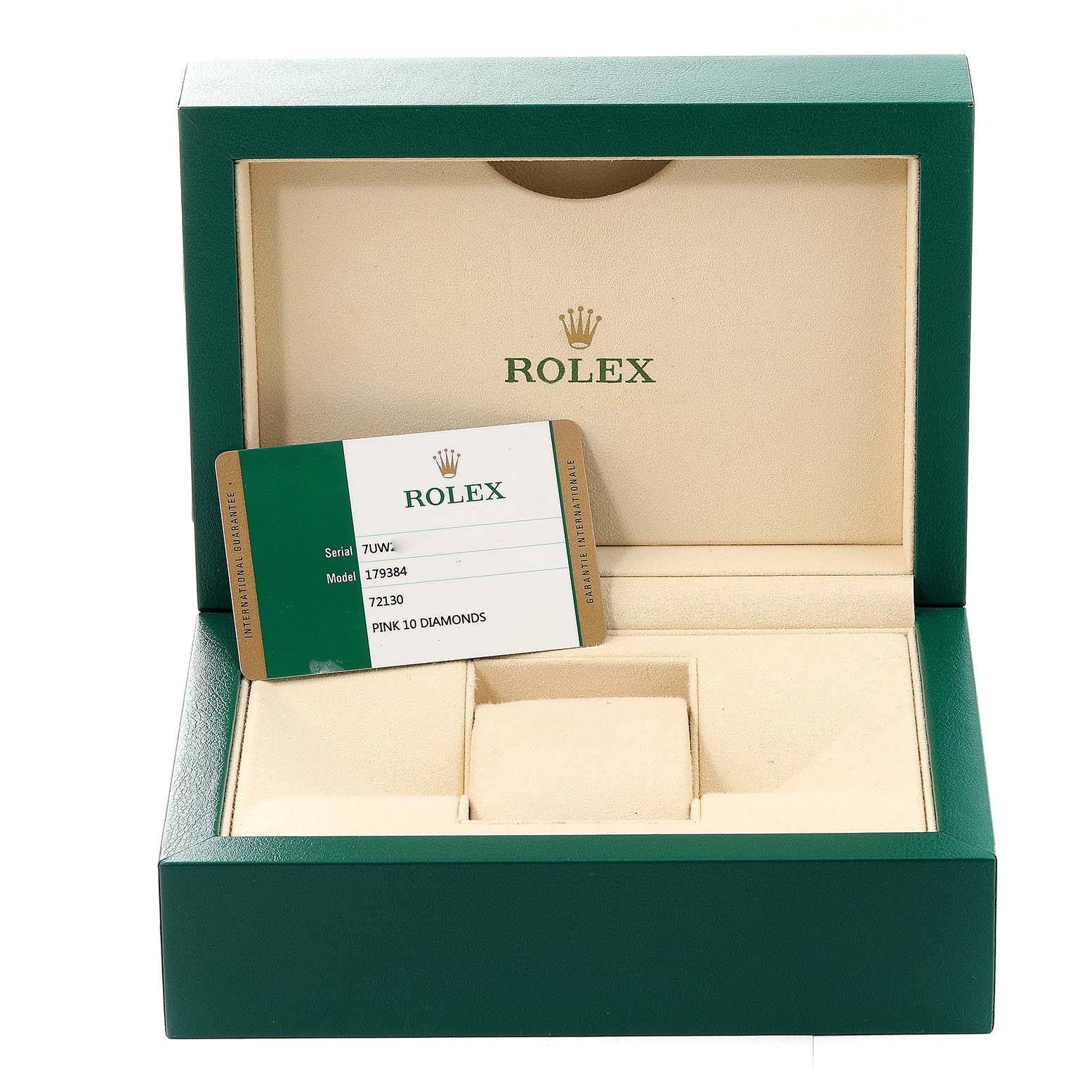 This image shows the open green box and warranty card for a Rolex Datejust 179384 Women's Stainless Steel Pink Dial 179384 Women's Stainless Steel Pink Dial watch, viewed from the front.