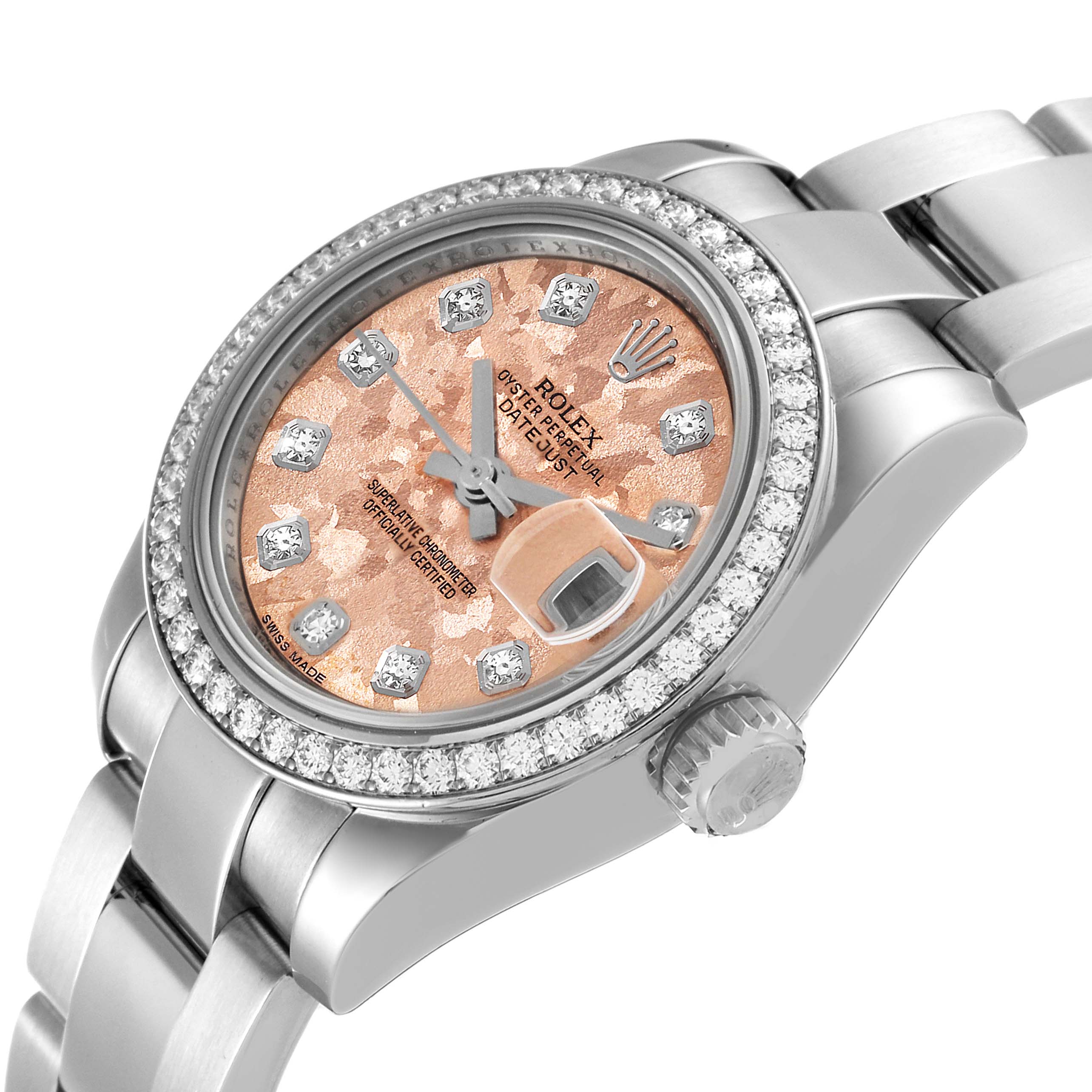 The photo shows a close-up angle of a Rolex Datejust 179384 Women's Stainless Steel Pink Dial 179384 Women's Stainless Steel Pink Dial watch face and part of its bracelet, highlighting the diamond bezel and dial.