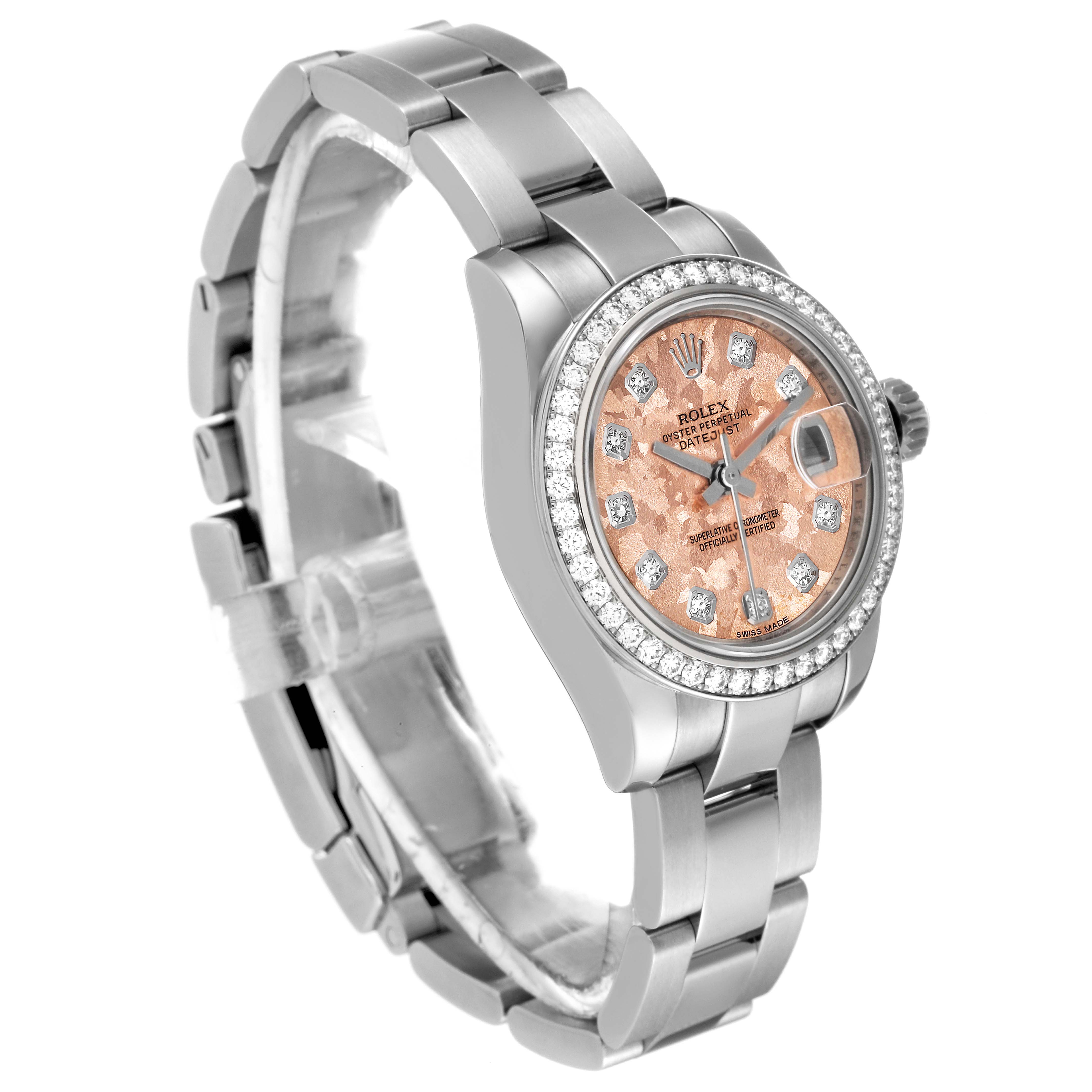 This image shows a Rolex Datejust 179384 Women's Stainless Steel Pink Dial 179384 Women's Stainless Steel Pink Dial watch angled from the front left, displaying the dial, bezel, and bracelet.