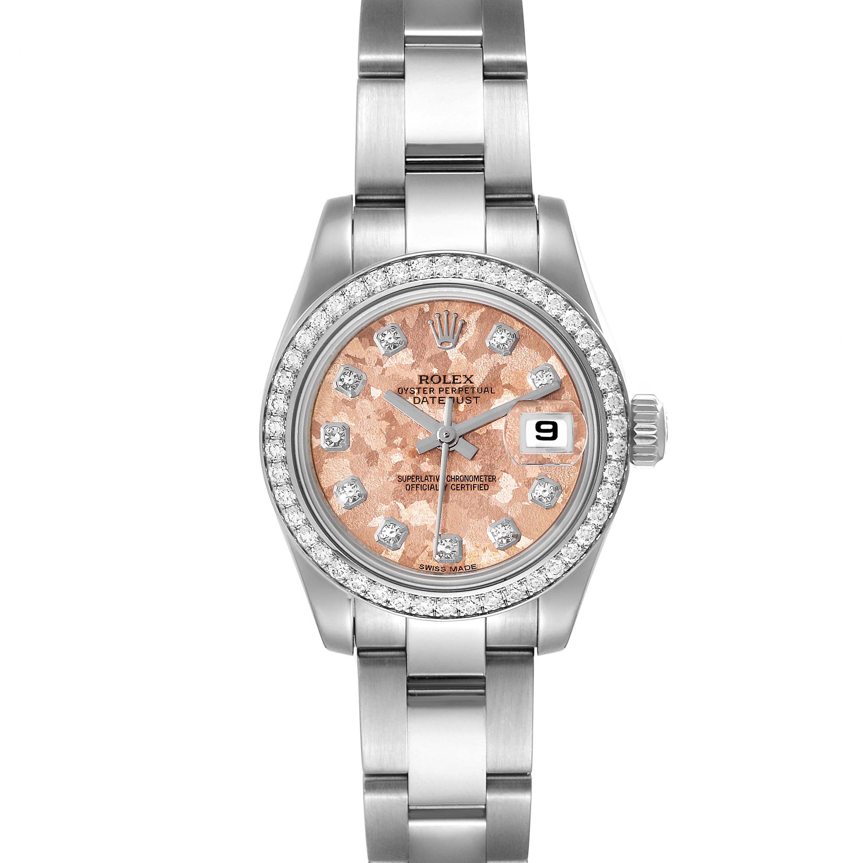 The Rolex Datejust 179384 Women's Stainless Steel Pink Dial 179384 Women's Stainless Steel Pink Dial watch is shown from the front, displaying the dial, bezel, bracelet, and crown.