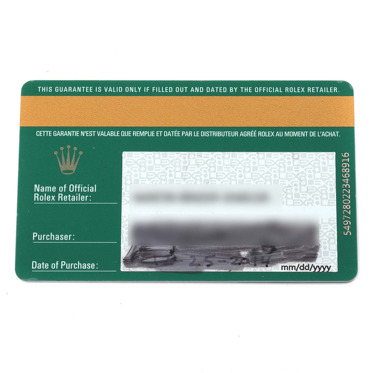 The image shows the front side of a Rolex Datejust 179384 Women's Stainless Steel Pink Dial 179384 Women's Stainless Steel Pink Dial model warranty card.